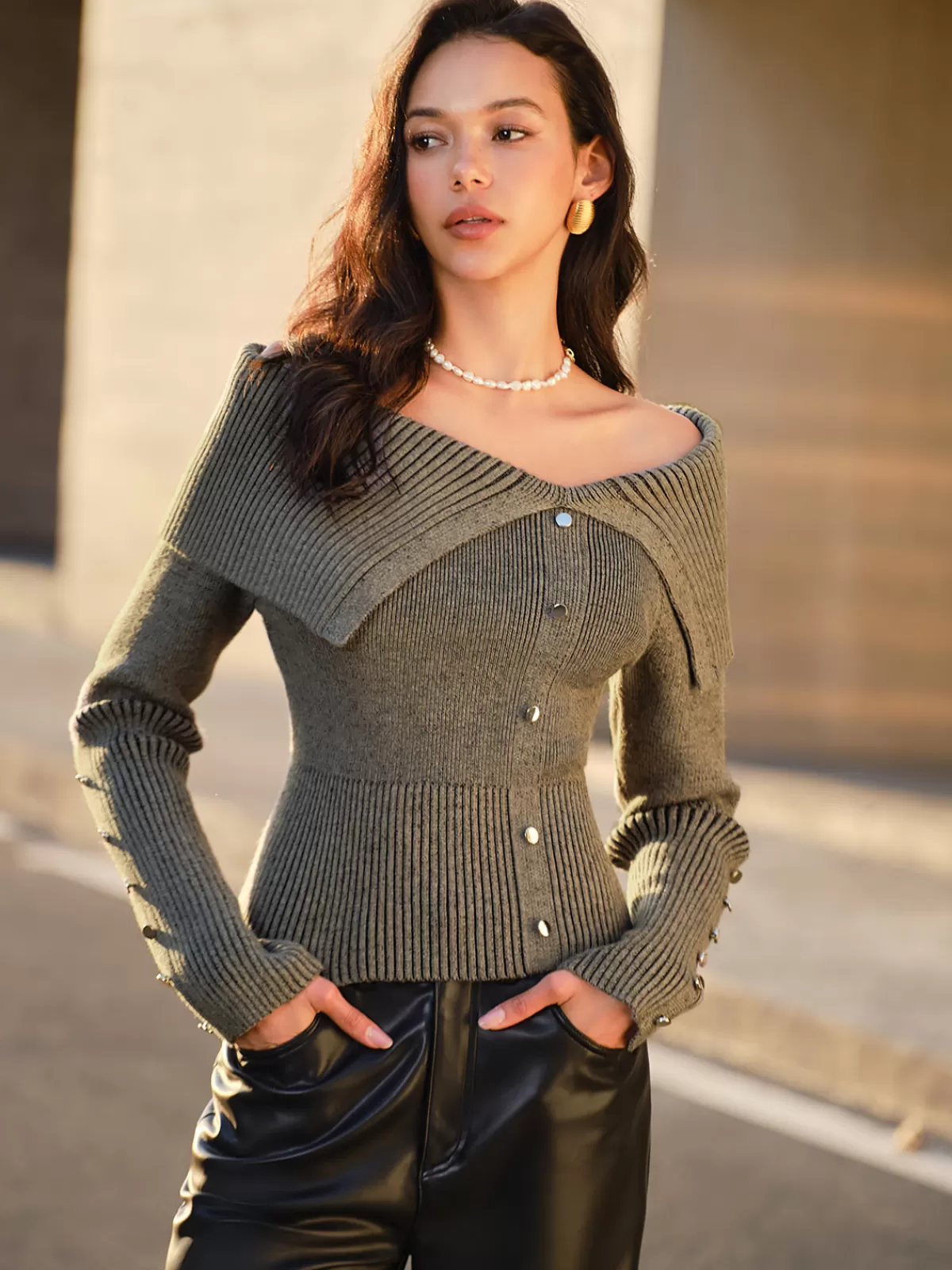 COMMENSE Off-Shoulder Ribbed Skinny Knit Top ArmyGreen Store