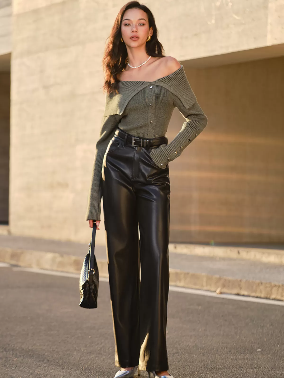 COMMENSE Off-Shoulder Ribbed Skinny Knit Top ArmyGreen Store