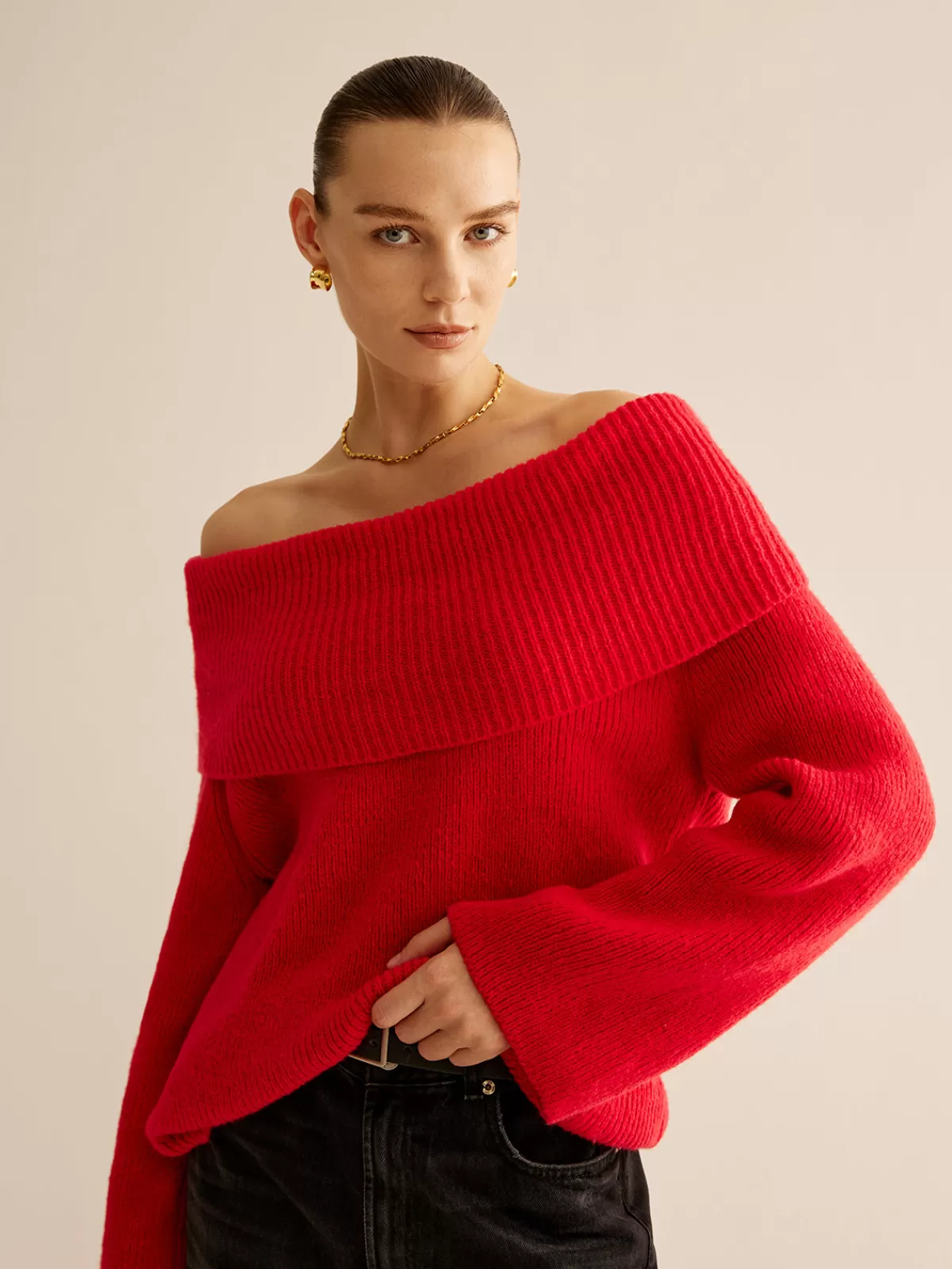 COMMENSE Off-Shoulder Ribbed Sweater Red Sale