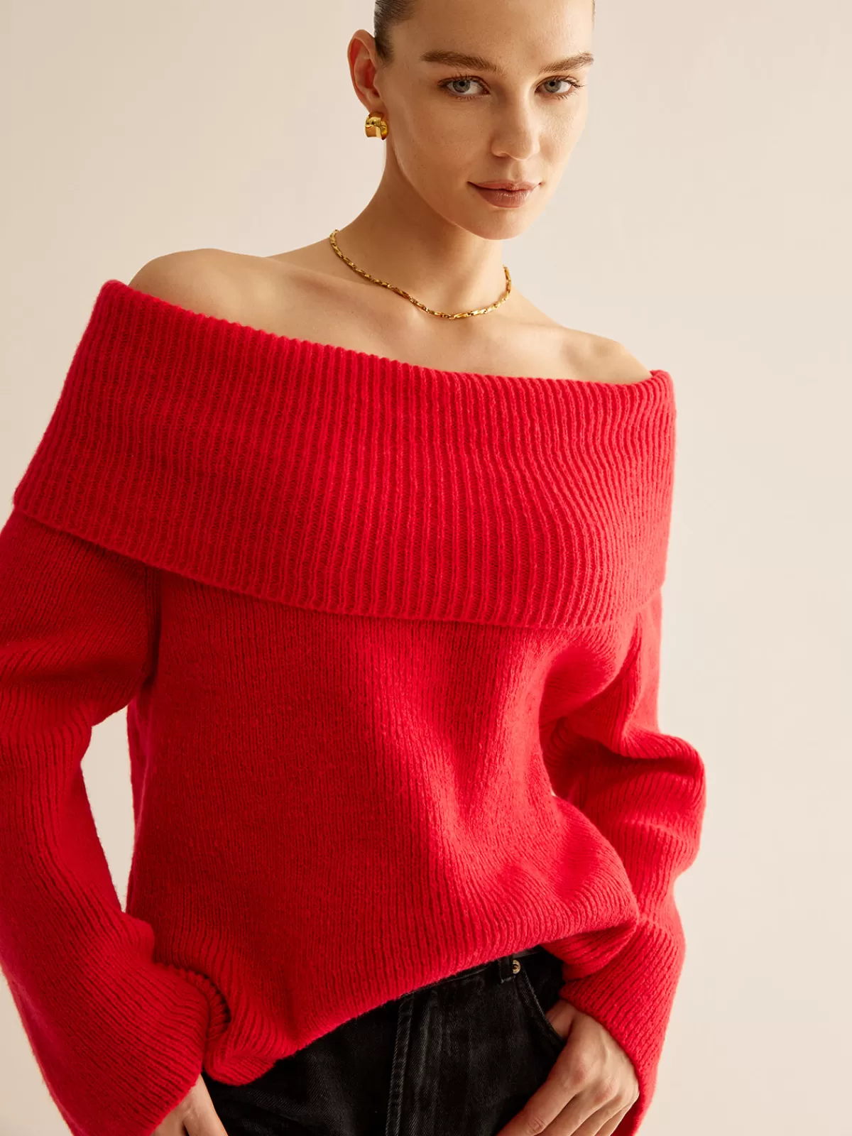 COMMENSE Off-Shoulder Ribbed Sweater Red Flash Sale