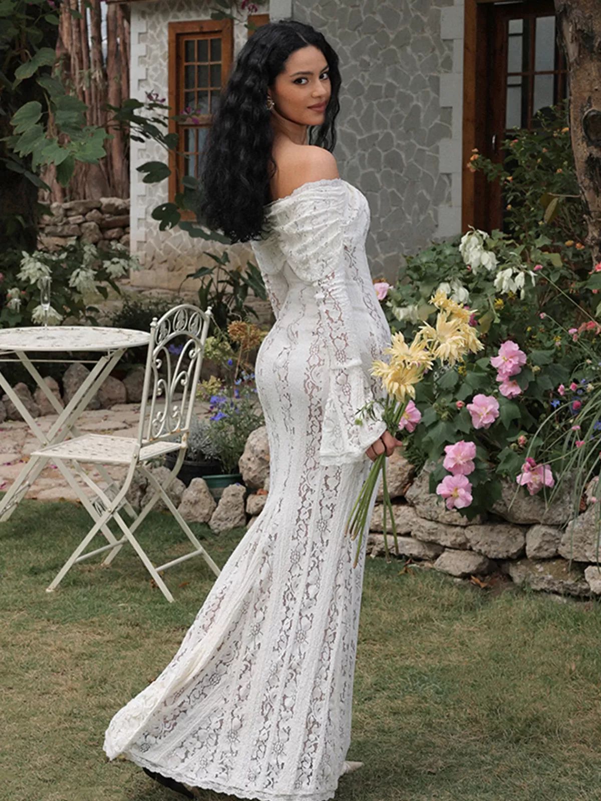 COMMENSE Off-Shoulder Ruffle-Cuff Lace Long Dress White Discount