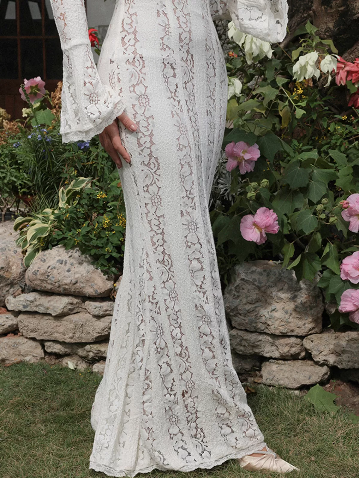 COMMENSE Off-Shoulder Ruffle-Cuff Lace Long Dress White Discount