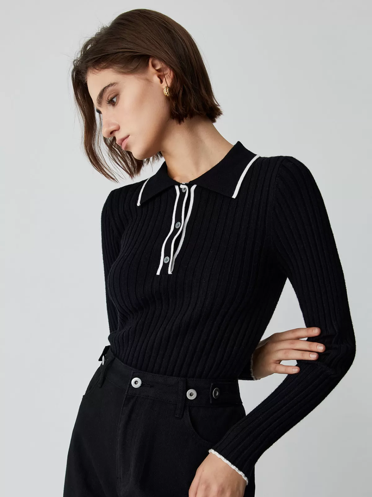 COMMENSE Old Money Aesthetics Polo Knit Top Black New
