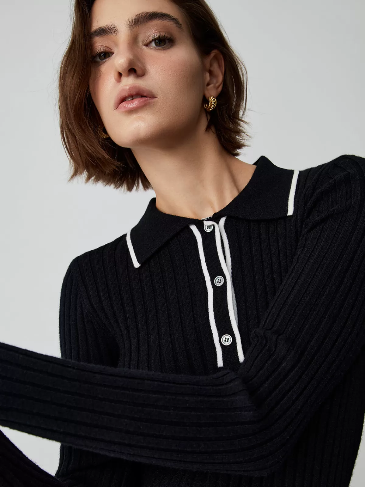 COMMENSE Old Money Aesthetics Polo Knit Top Black New