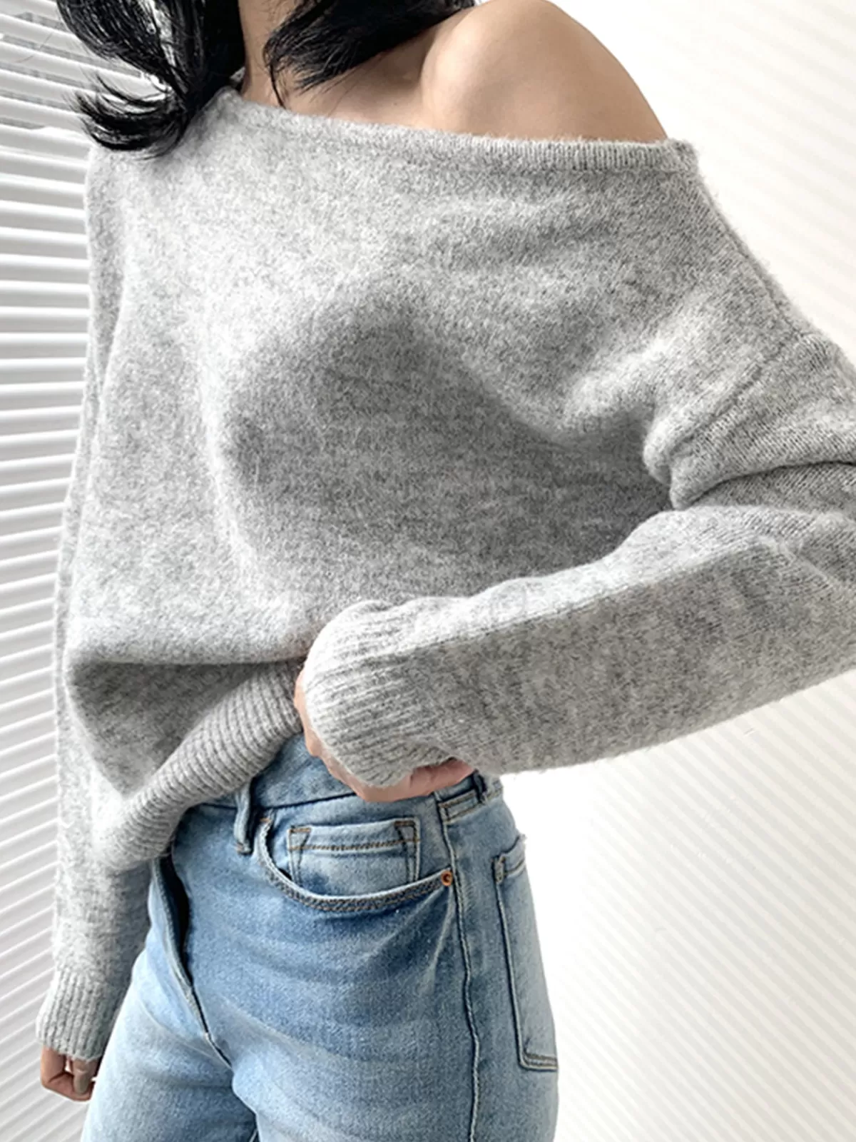 COMMENSE One Shoulder Asymmetric Sweater Grey Hot