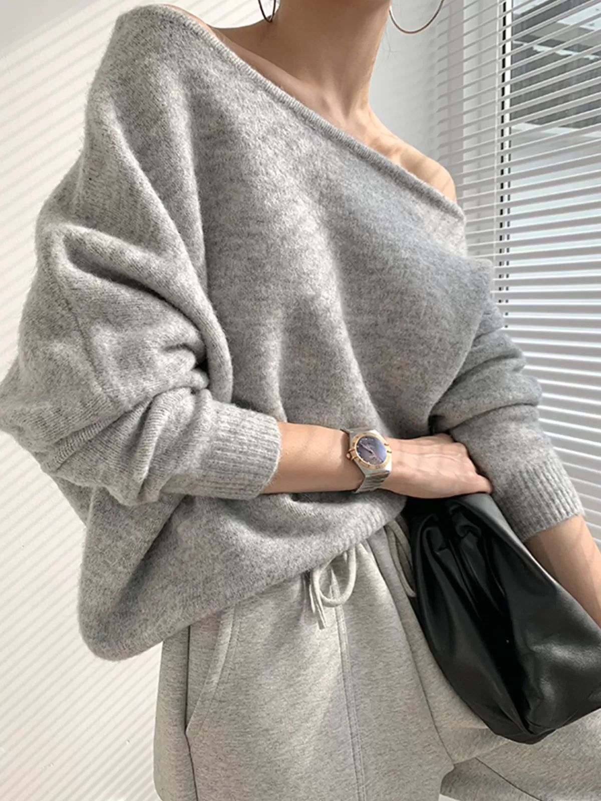 COMMENSE One Shoulder Asymmetric Sweater Grey Hot