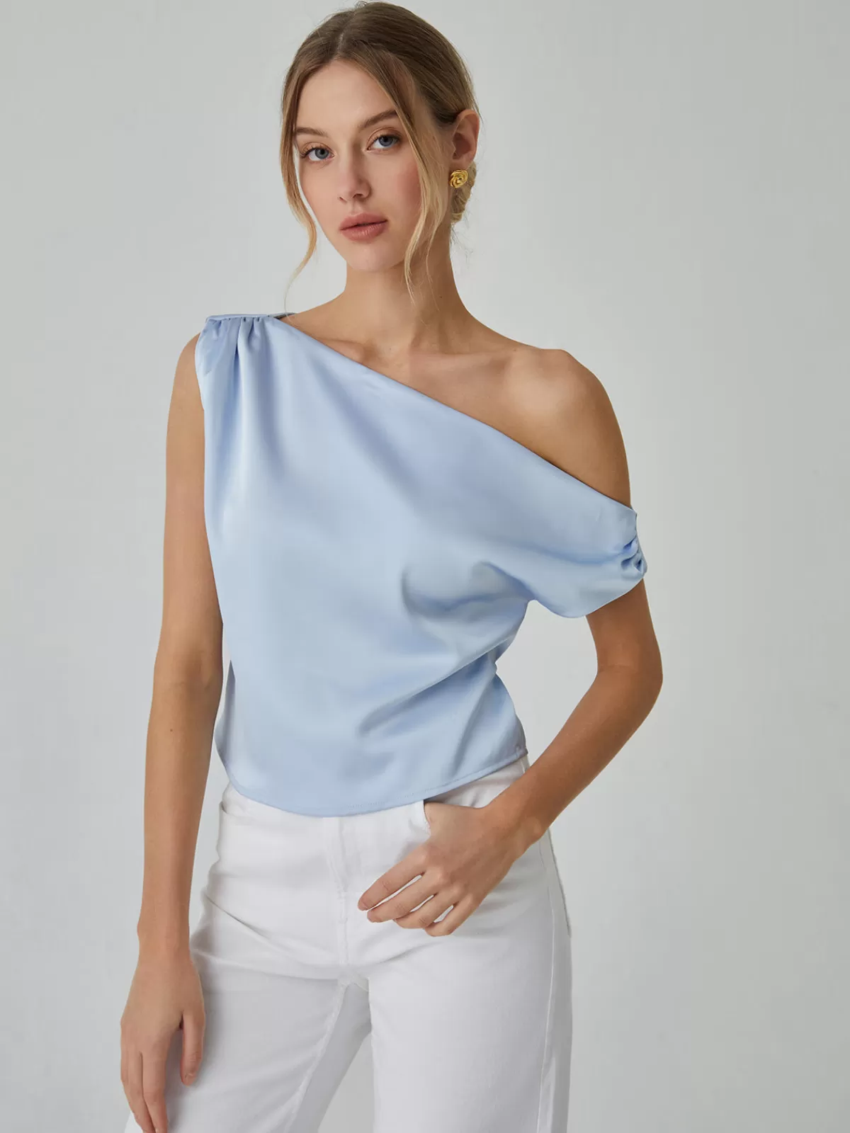 COMMENSE One Shoulder Off Knotted Blouse LightBlue Store