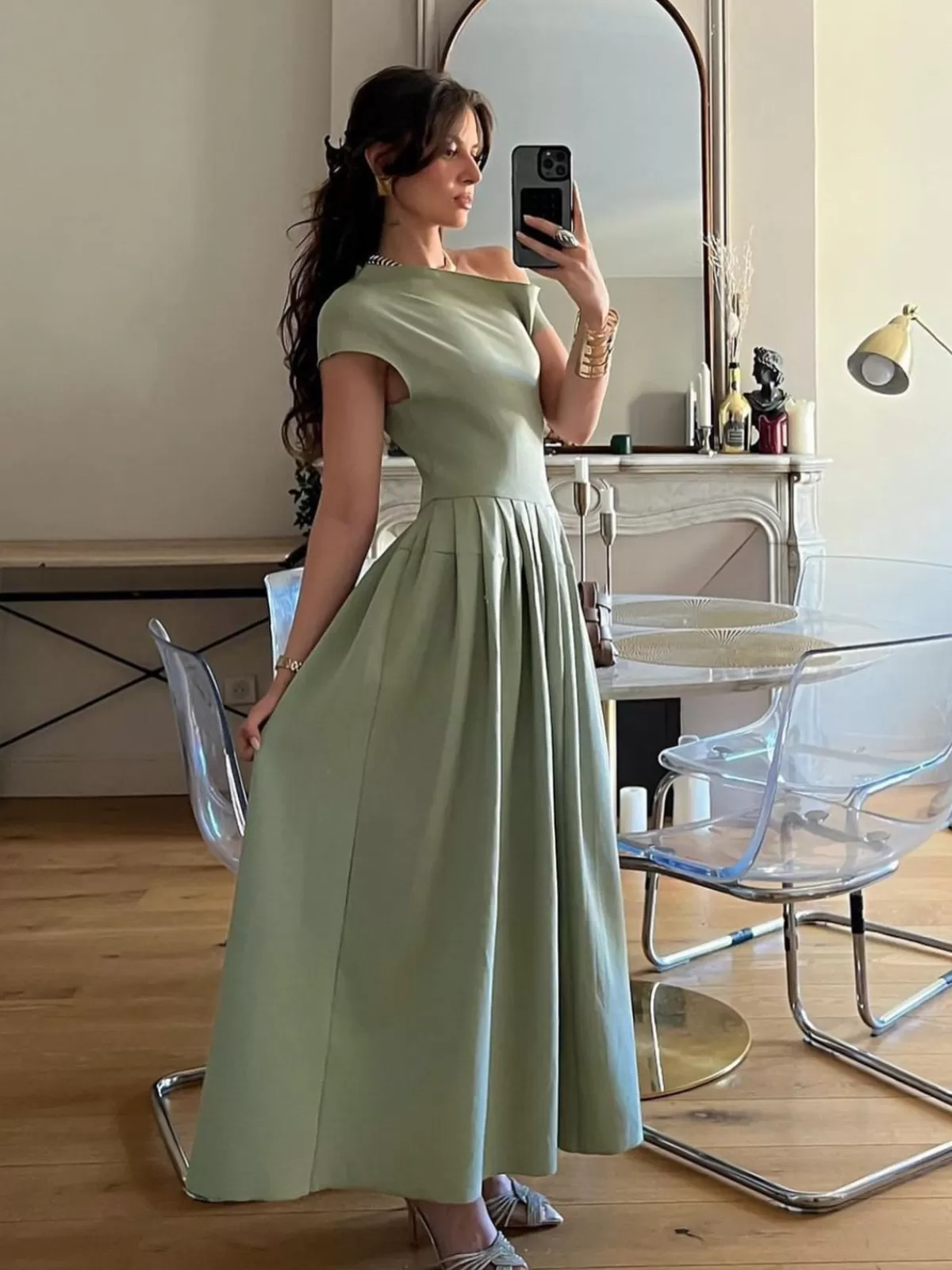 COMMENSE One Shoulder Pleated Split Long Dress Green Discount