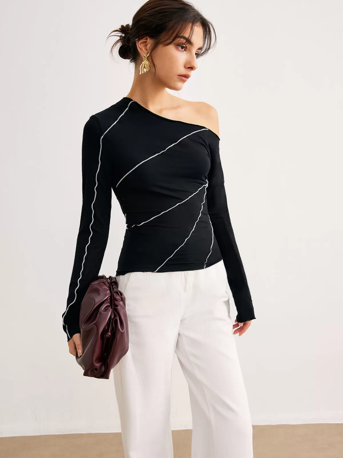 COMMENSE One-Shoulder Contrast Piping Skinny Blouse Black Cheap