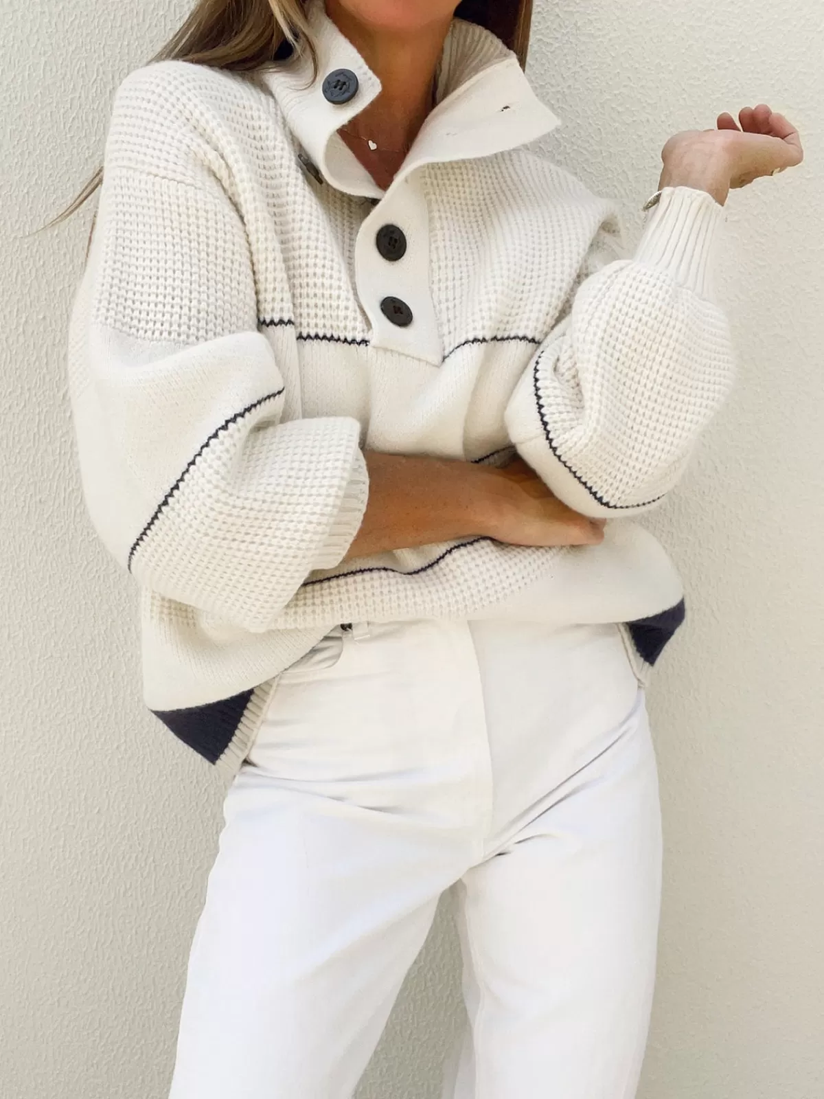 COMMENSE Open Collar Button Up Sweater White Cheap