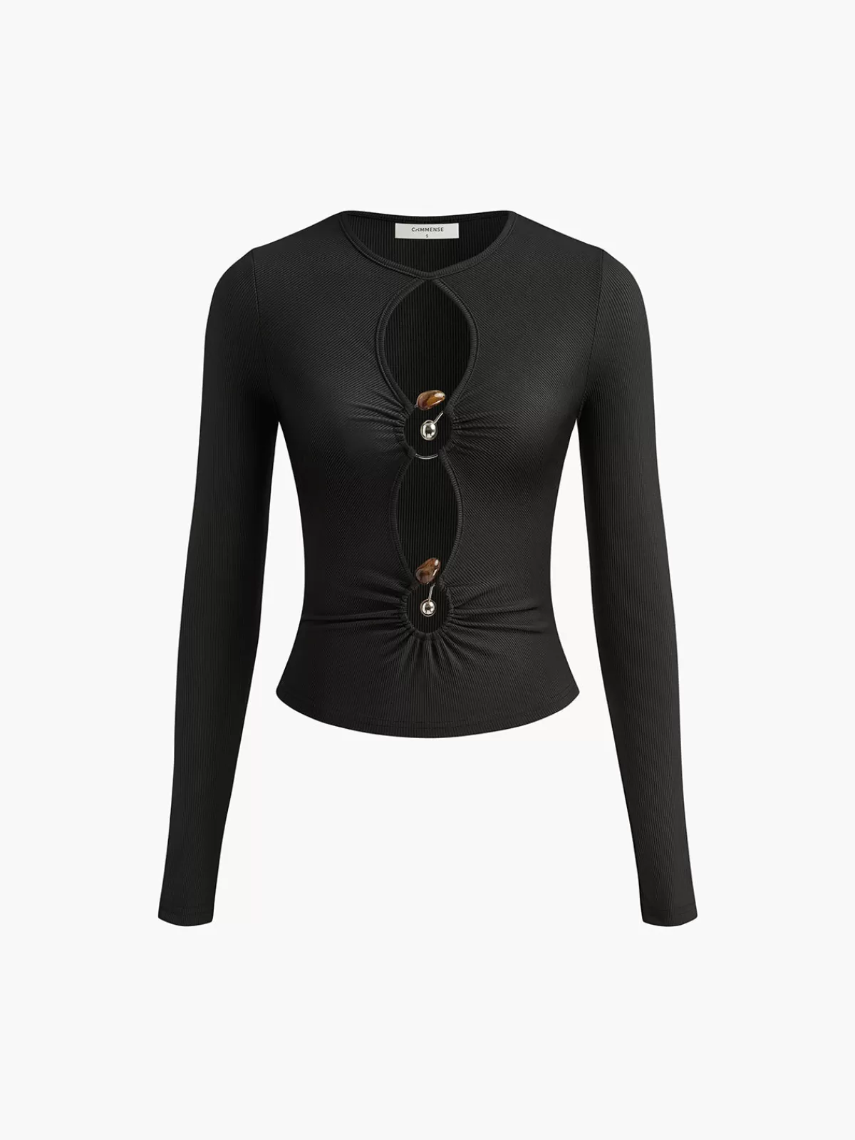 COMMENSE O-Ring Cutout Long Sleeve T-Shirt Black Cheap