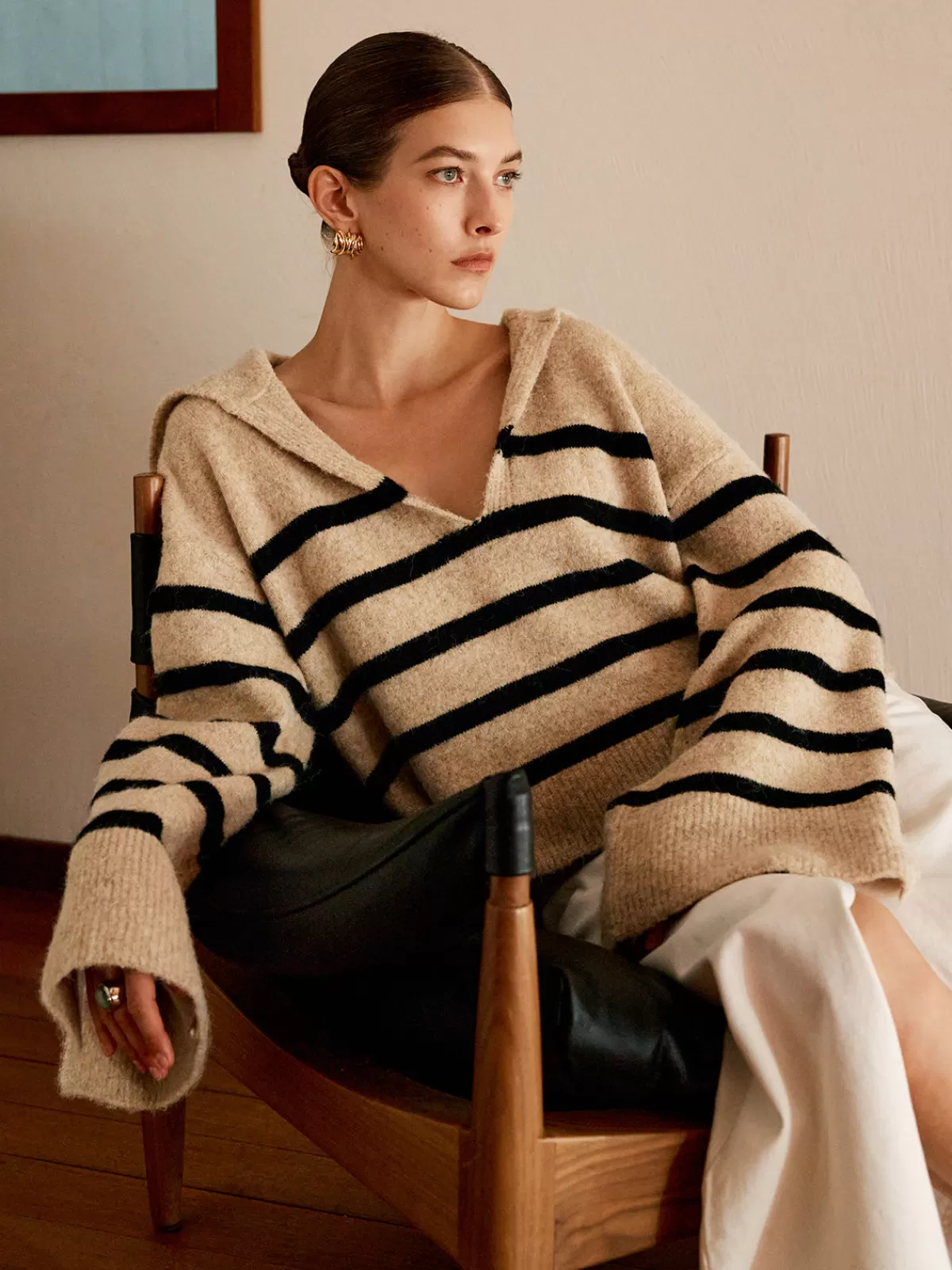 COMMENSE Oversize Striped Pullover Sweater Apricot Best Sale