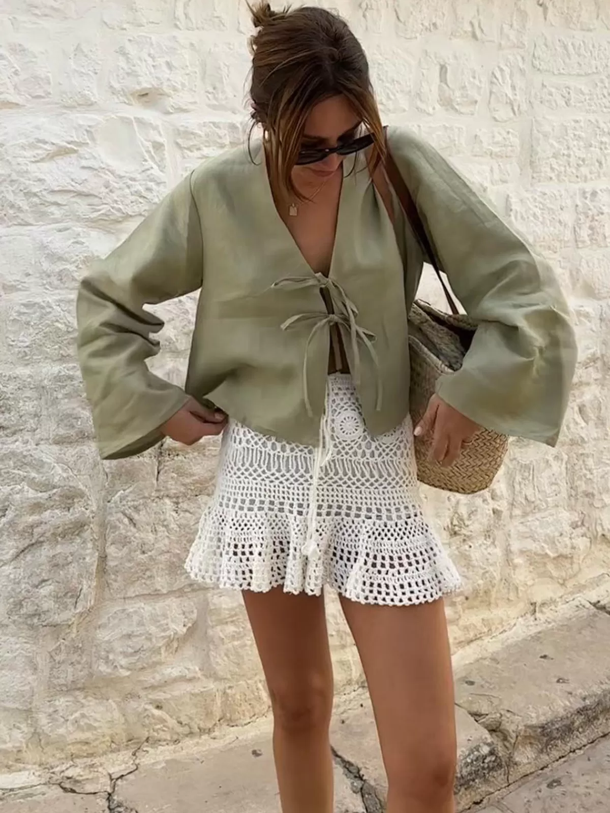 COMMENSE Oversized Long Tie-Front Sleeve Blouse LightGreen Sale