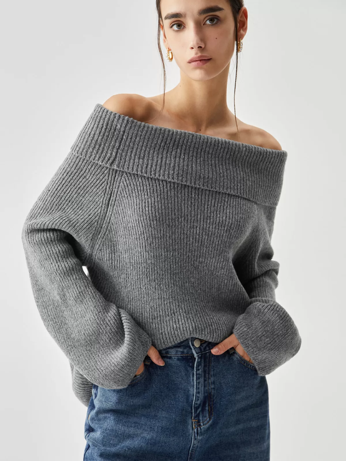 COMMENSE Oversized Overfold Off Shoulder Knit Sweater Grey Best Sale