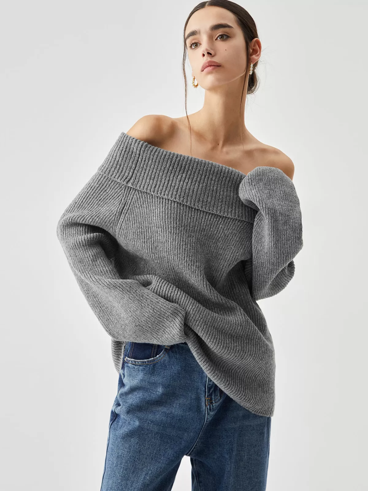 COMMENSE Oversized Overfold Off Shoulder Knit Sweater Grey Best Sale
