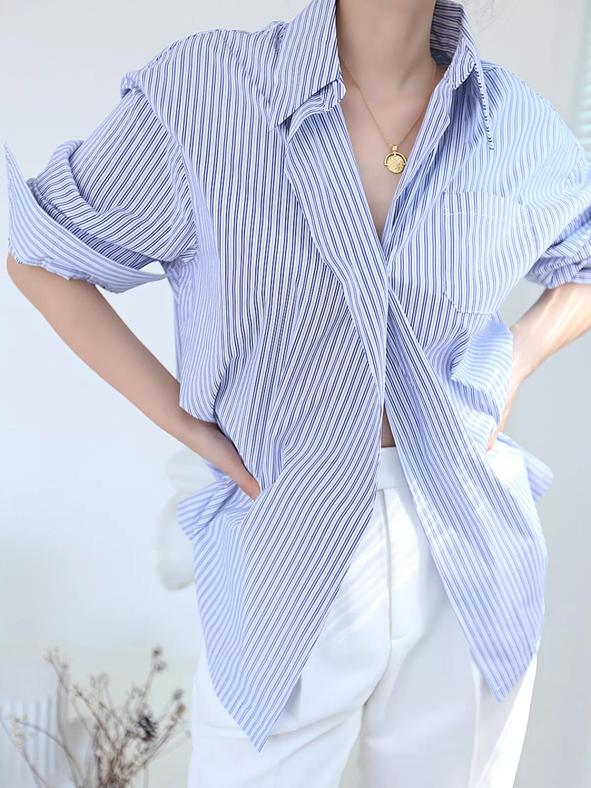 COMMENSE Oversized Pinstripe Button Down Shirt Blue Shop