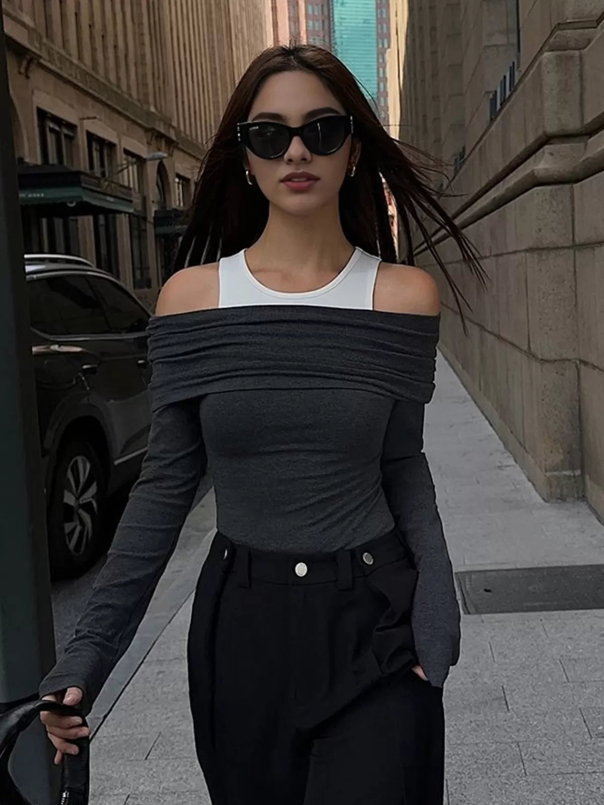 COMMENSE Patchwork Contrast Color Crew Neck Overfold Cold Shoulder Ribbed Knit Shirt Grey New