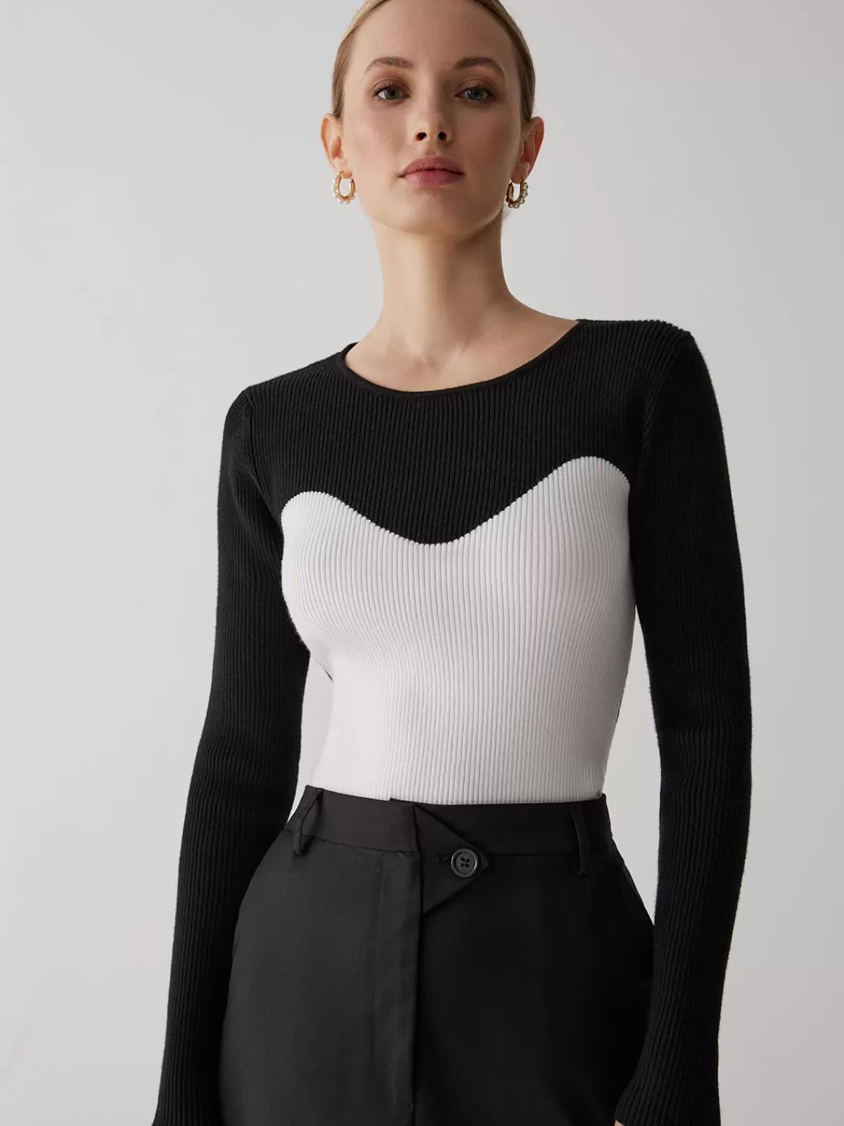 COMMENSE Patchwork Contrast Crew Neck Sweater Black Cheap