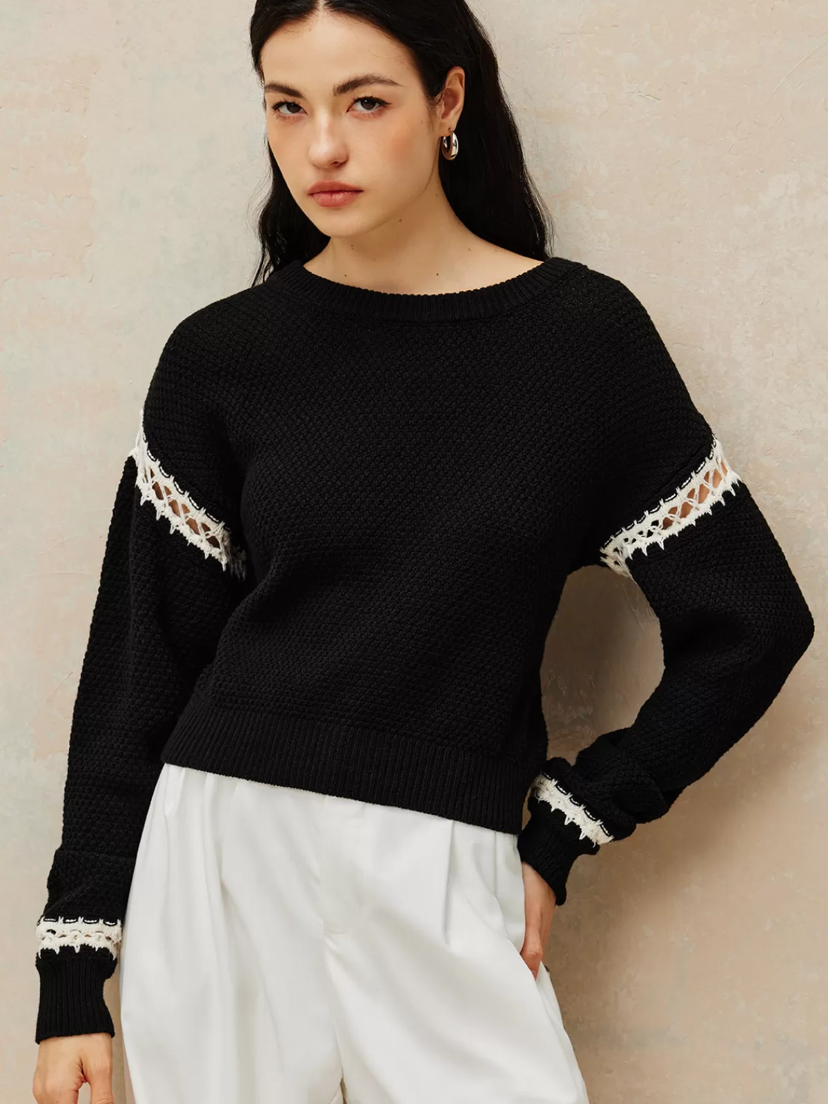 COMMENSE Patchwork Design Pullover Sweater Black Hot