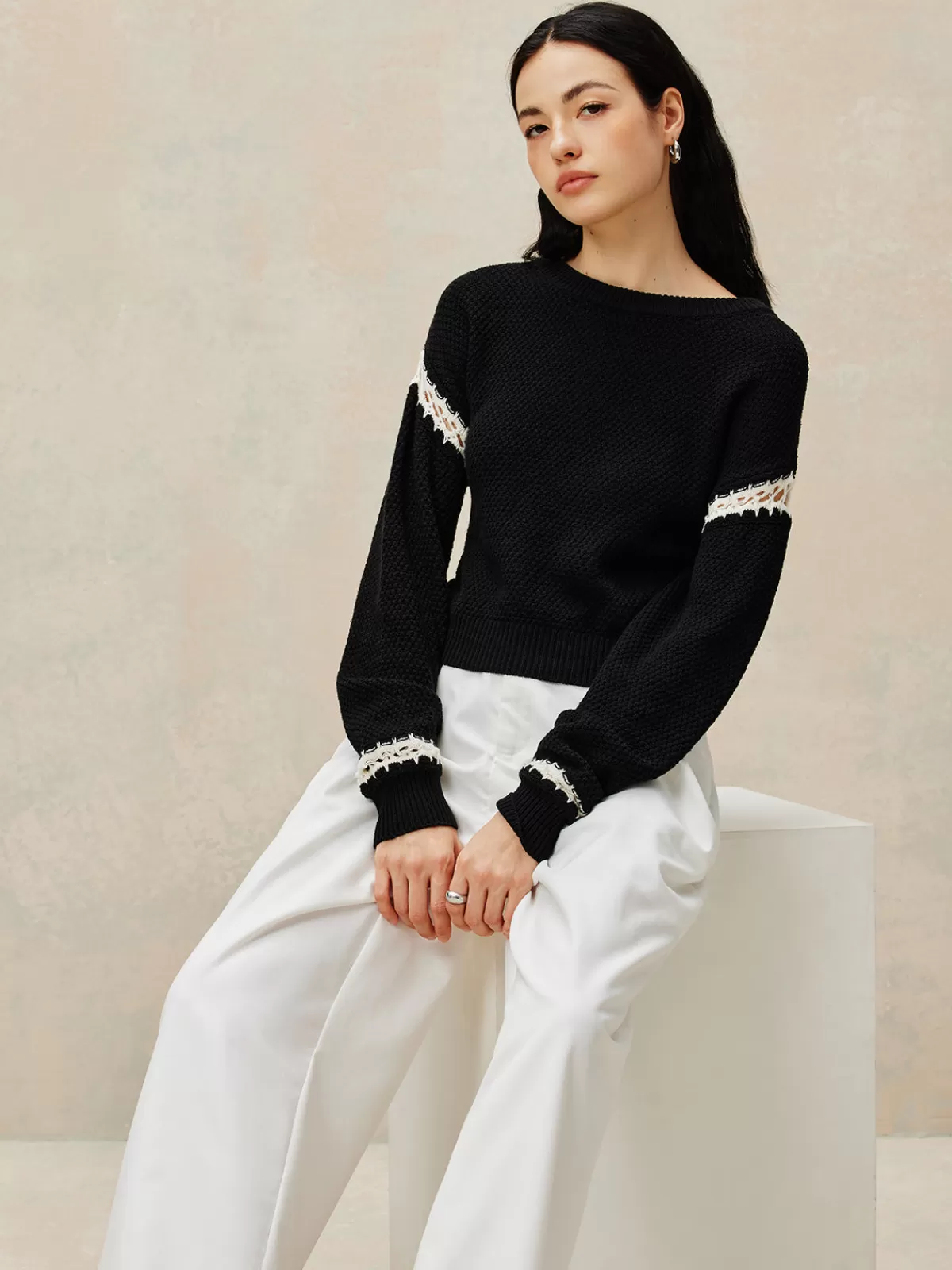 COMMENSE Patchwork Design Pullover Sweater Black Hot