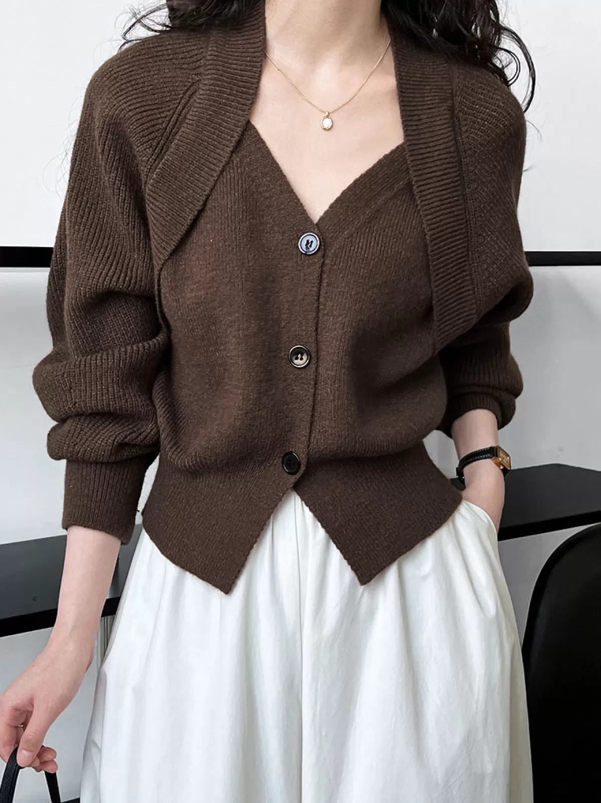 COMMENSE Patchwork V-neck Button Sweater DarkBrown Sale