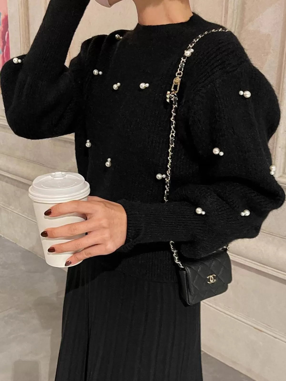 COMMENSE Pearl Beaded Cinched Sweater Black Online