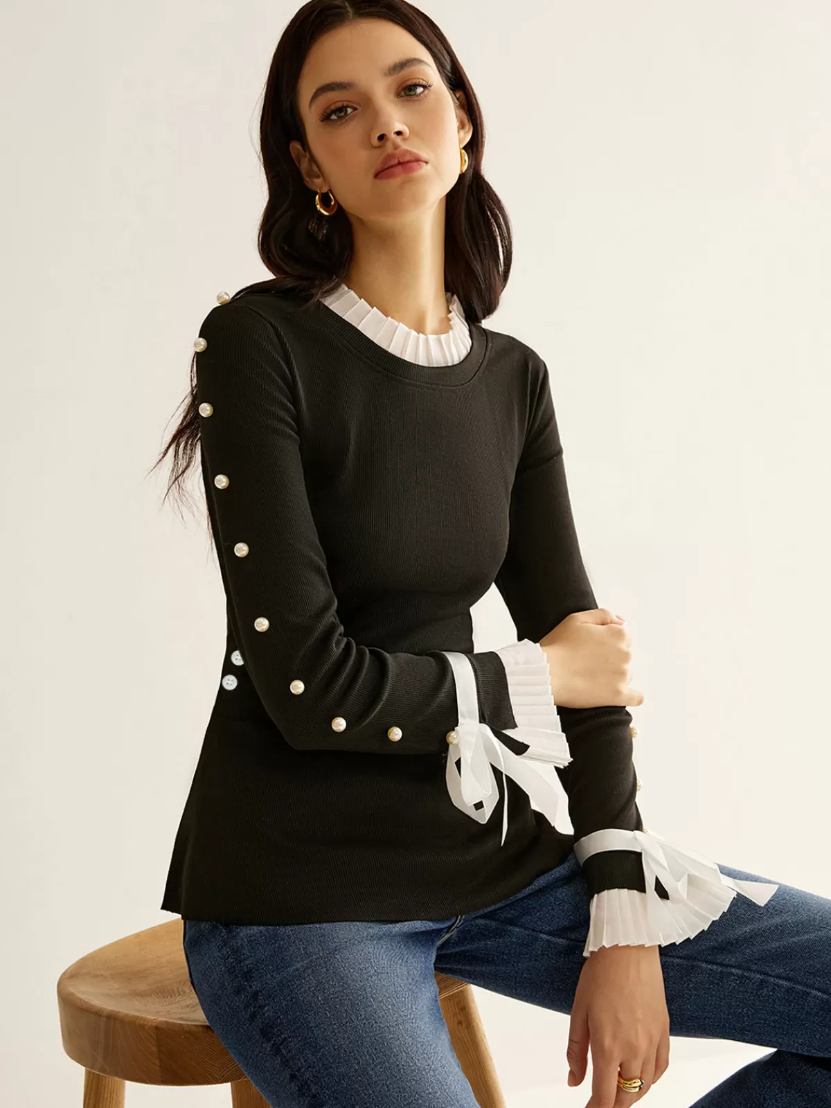 COMMENSE Pearl Decor Panel Pleated Blouse Black Best Sale