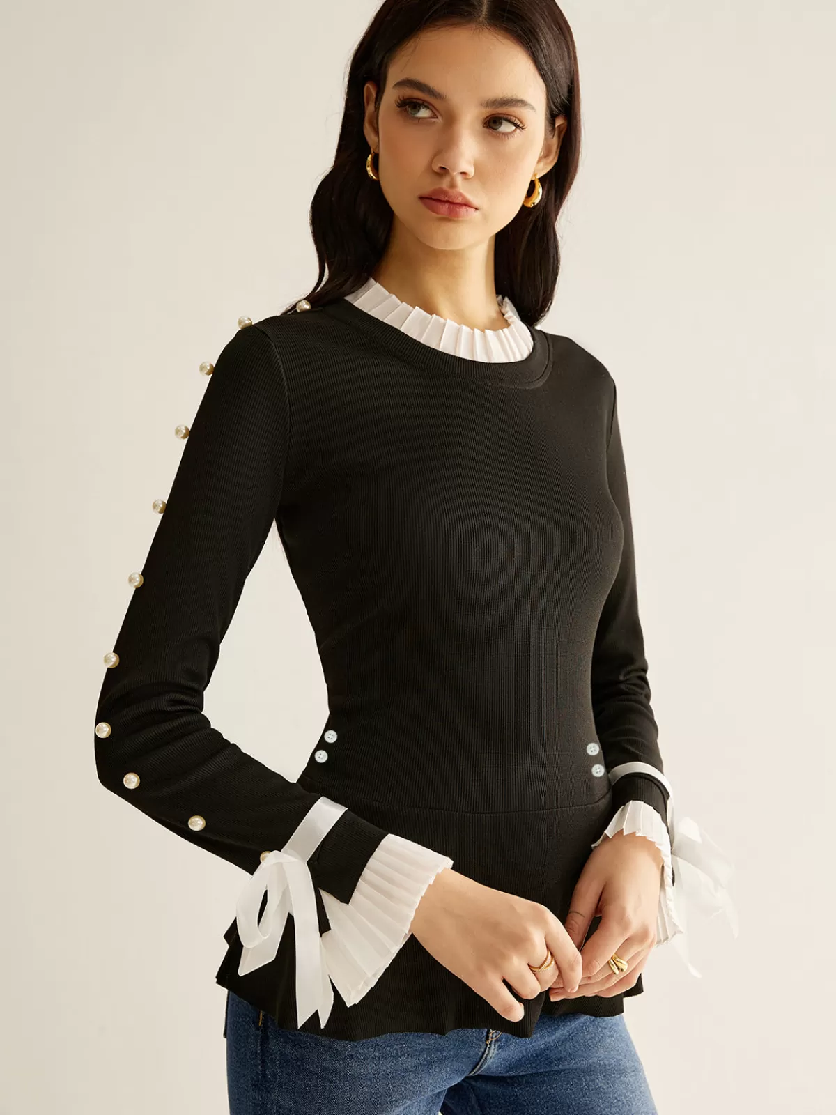 COMMENSE Pearl Decor Panel Pleated Blouse Black Best Sale