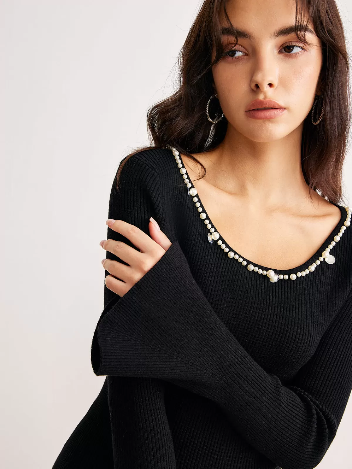COMMENSE Pearl Trim Bell Sleeve Skinny Sweater Black Shop