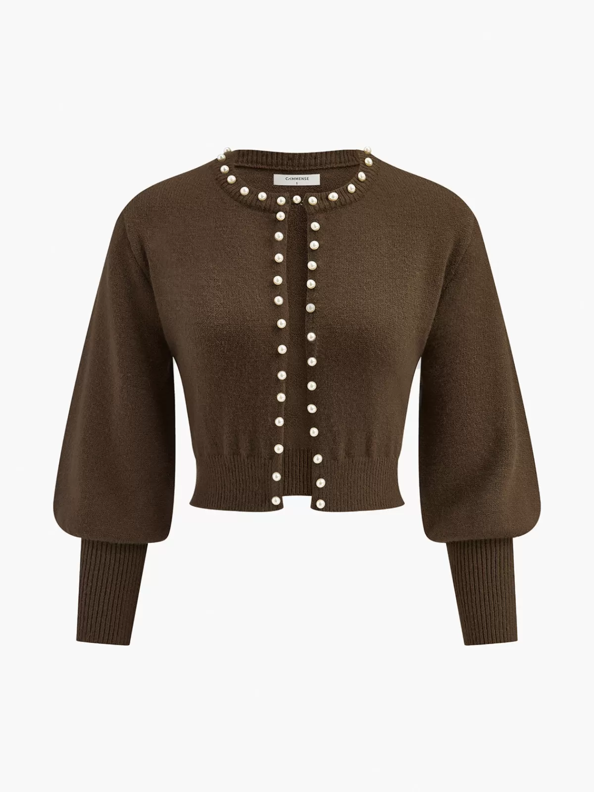 COMMENSE Pearl Trim Lantern Sleeve Knit Top Brown Best