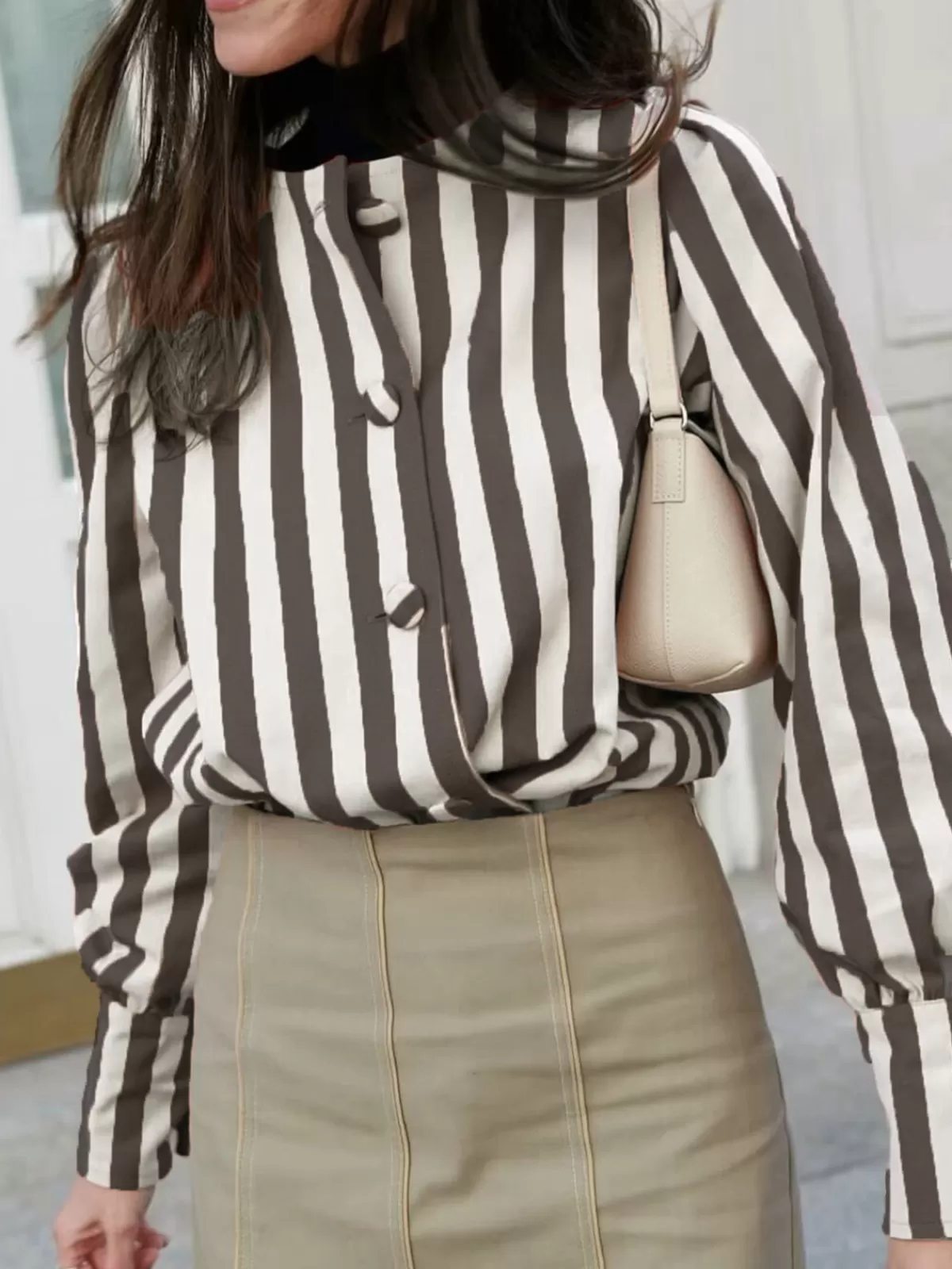 COMMENSE Pinstripe Button Long Sleeve Blouse Grey Best Sale