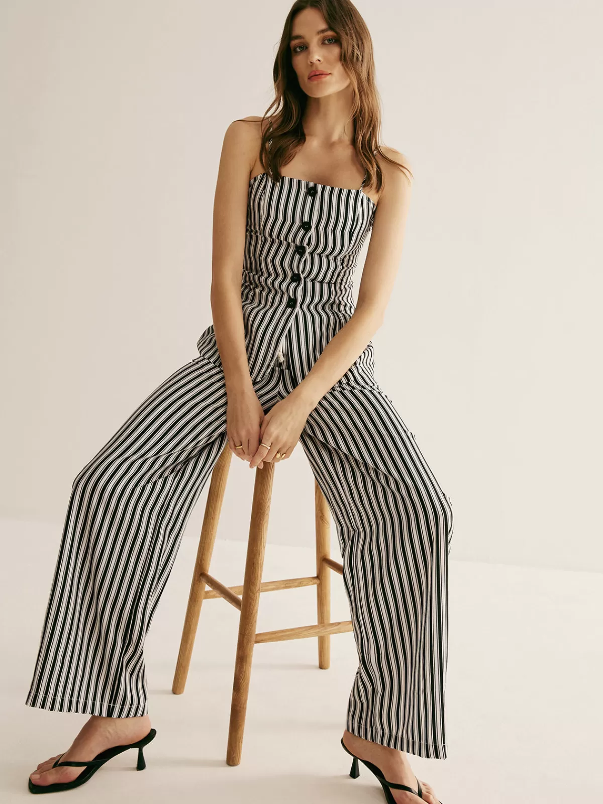 COMMENSE Pinstripe Button Strapless Pants Set BlackandWhite Cheap