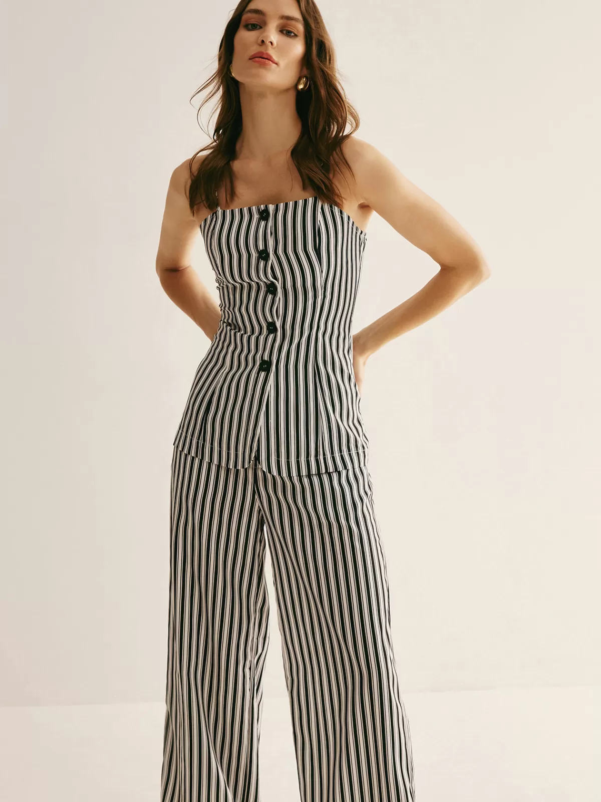 COMMENSE Pinstripe Button Strapless Pants Set BlackandWhite Cheap