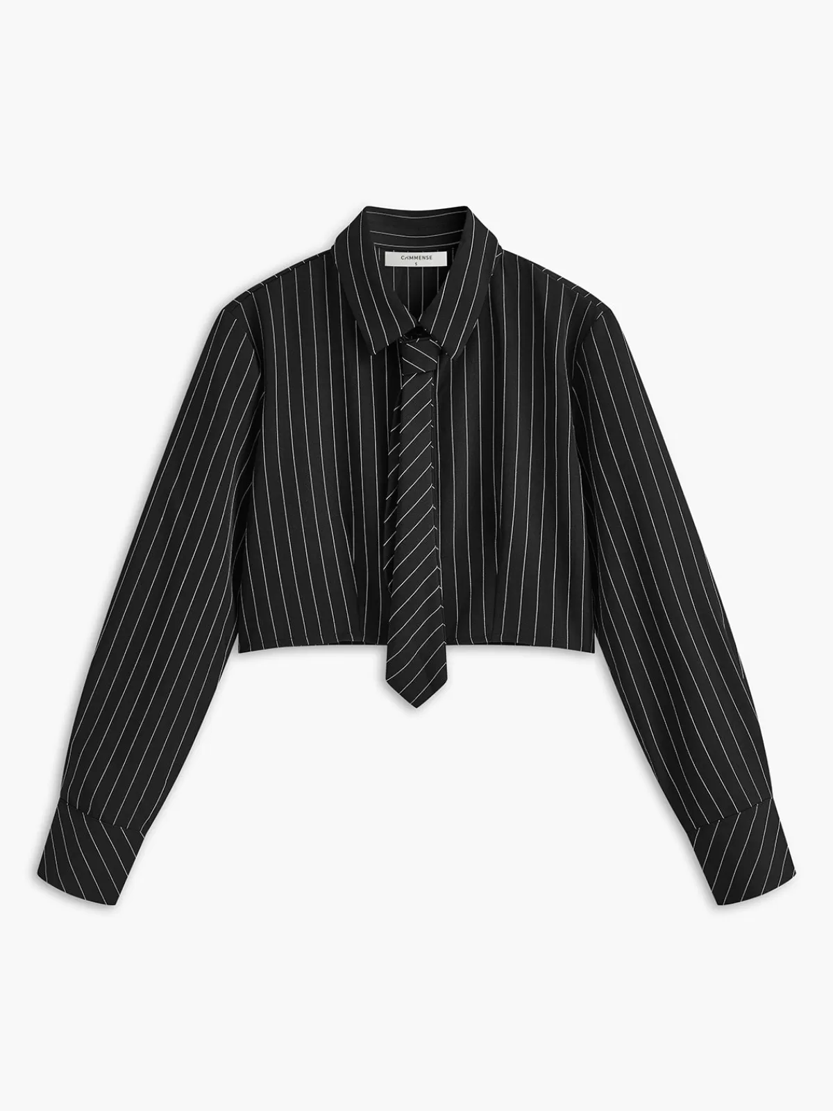 COMMENSE Pinstripe Crop Polo Shirt Black Clearance