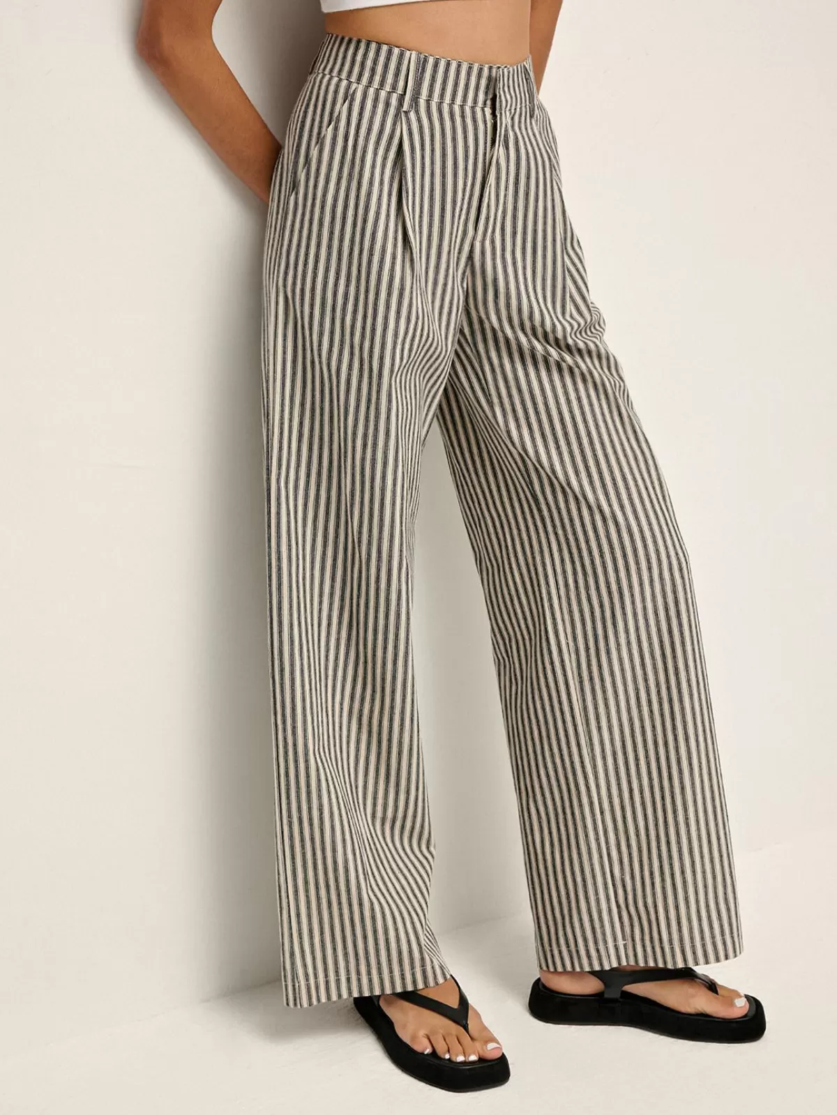 COMMENSE Pinstripe High-Waist Long Pants BlackandWhite Best