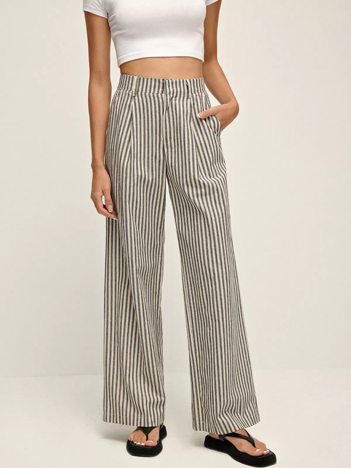 COMMENSE Pinstripe High-Waist Long Pants BlackandWhite Best