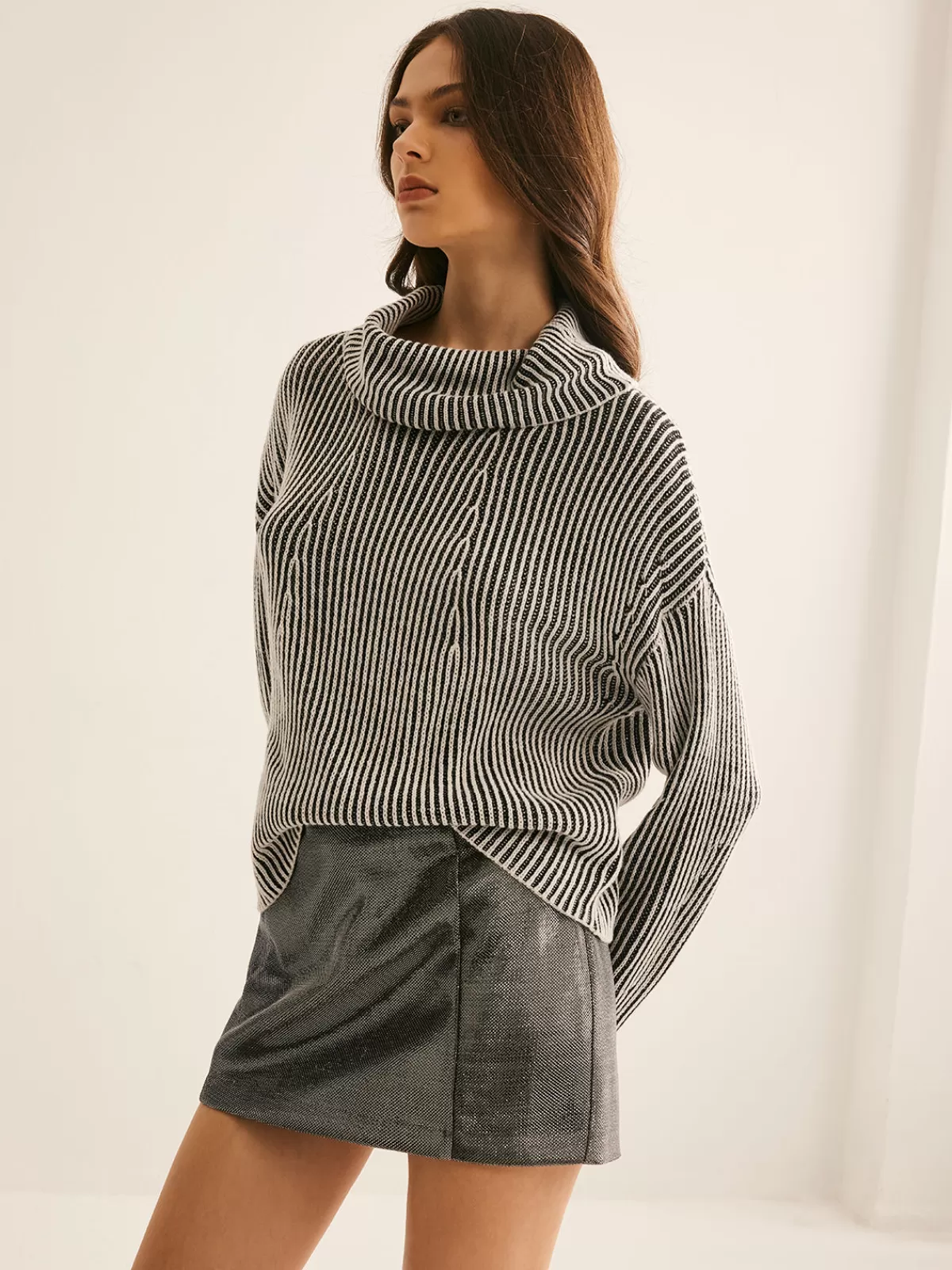 COMMENSE Pinstripe Turtleneck Sweater Grey Best