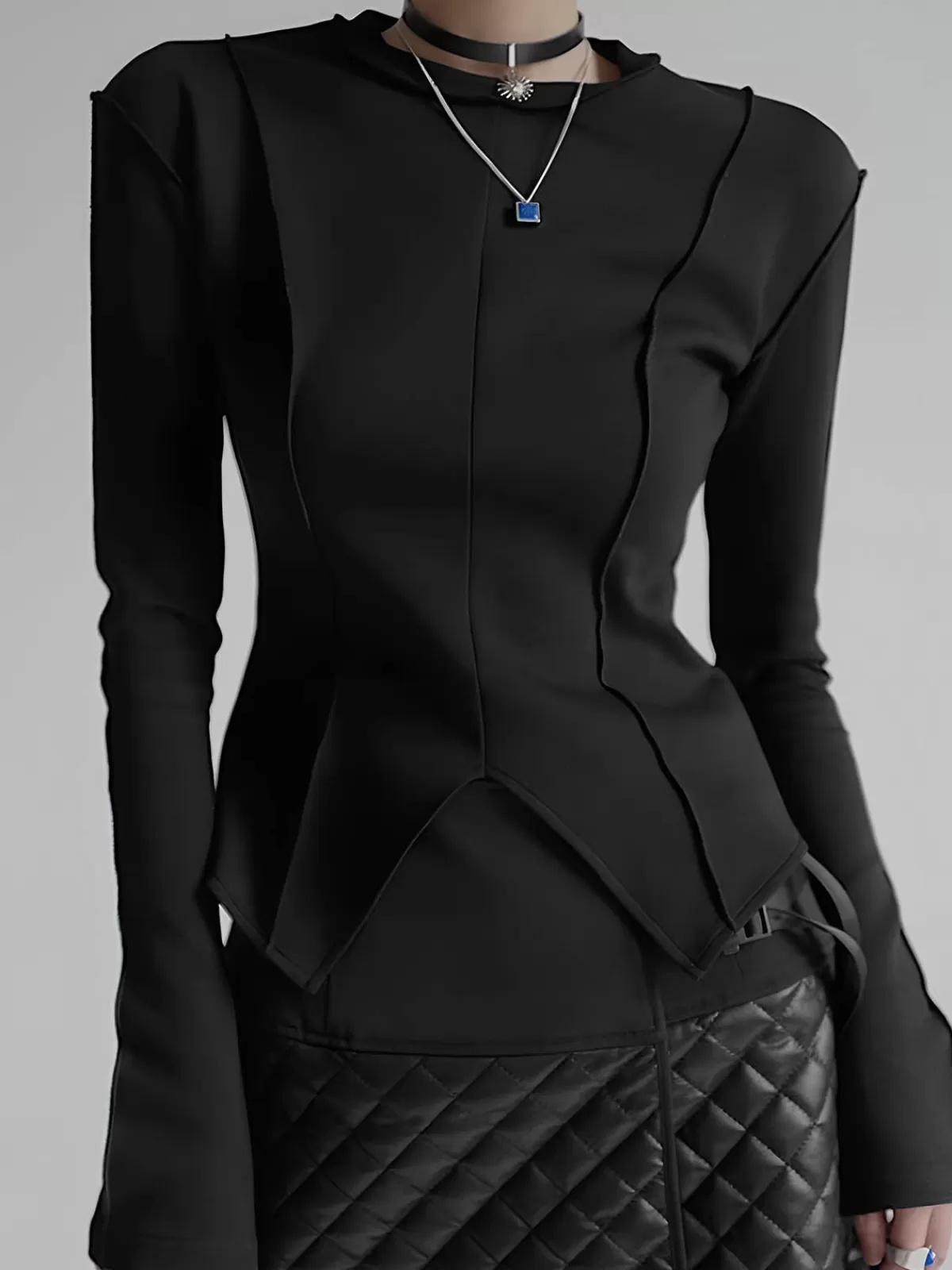 COMMENSE Piping Slim Jersey Blouse Black Sale