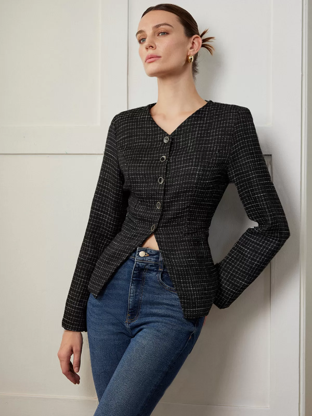 COMMENSE Plaid Button Split Slim Blazer Black Shop