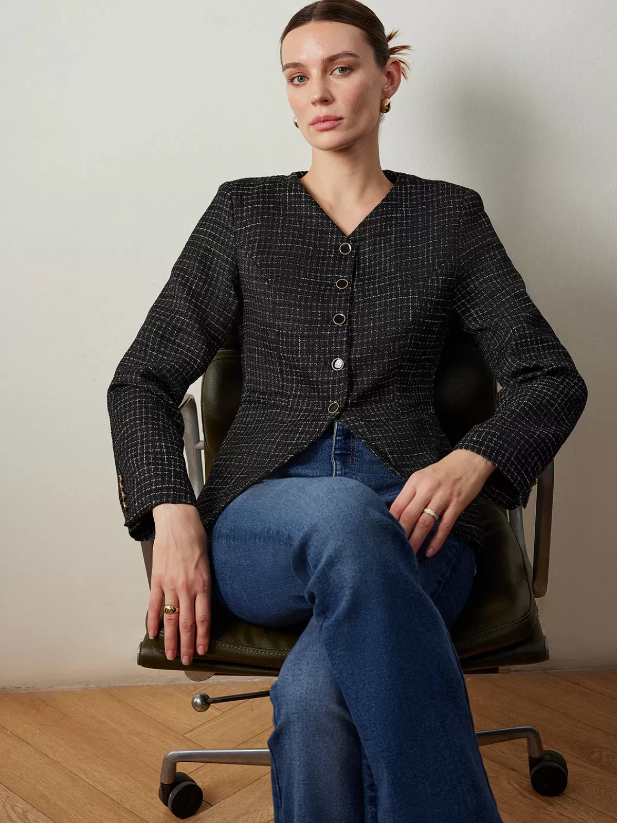COMMENSE Plaid Button Split Slim Blazer Black Shop