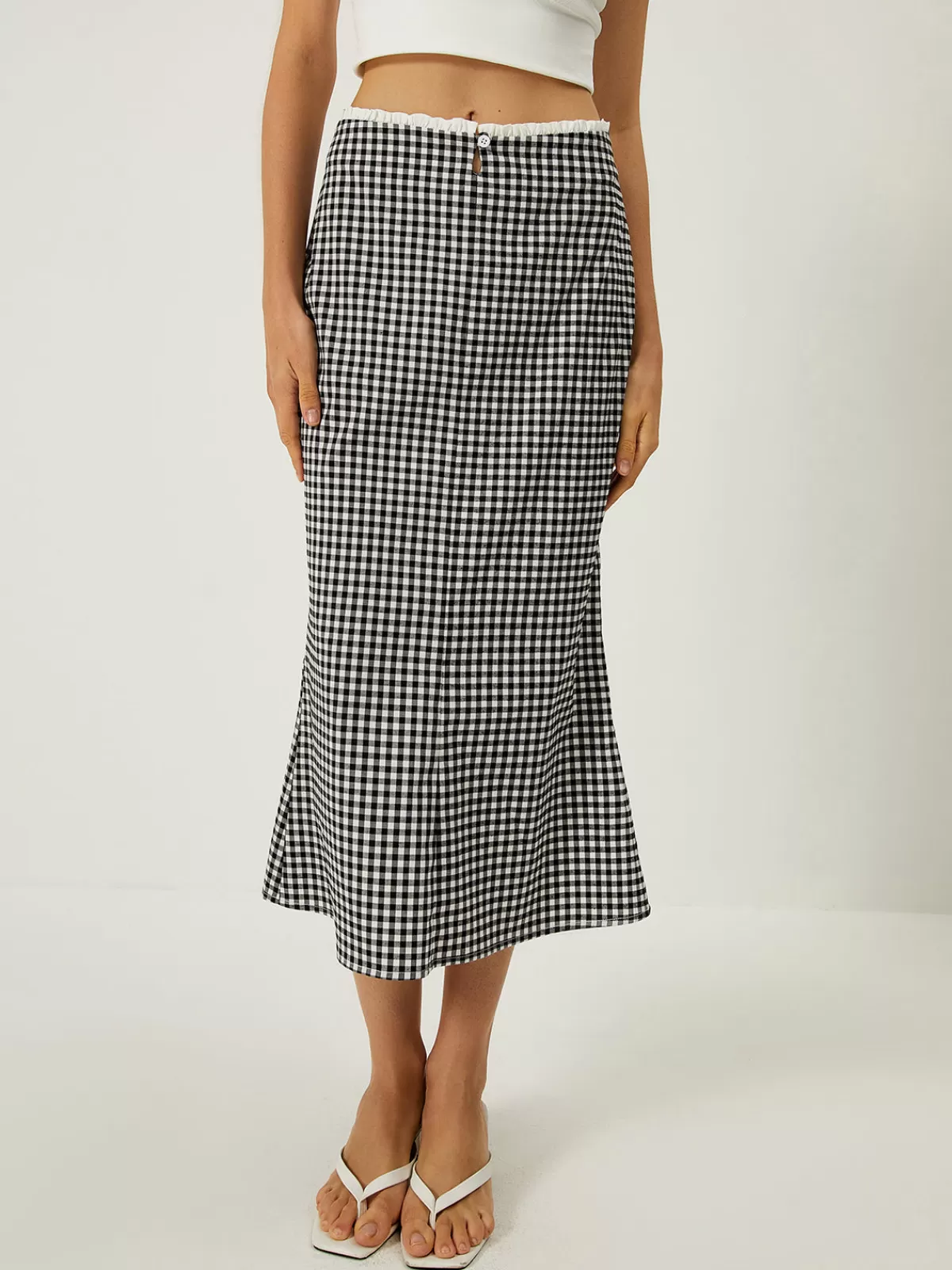 COMMENSE Plaid Print Mermaid Midi Skirt BlackandWhite Online