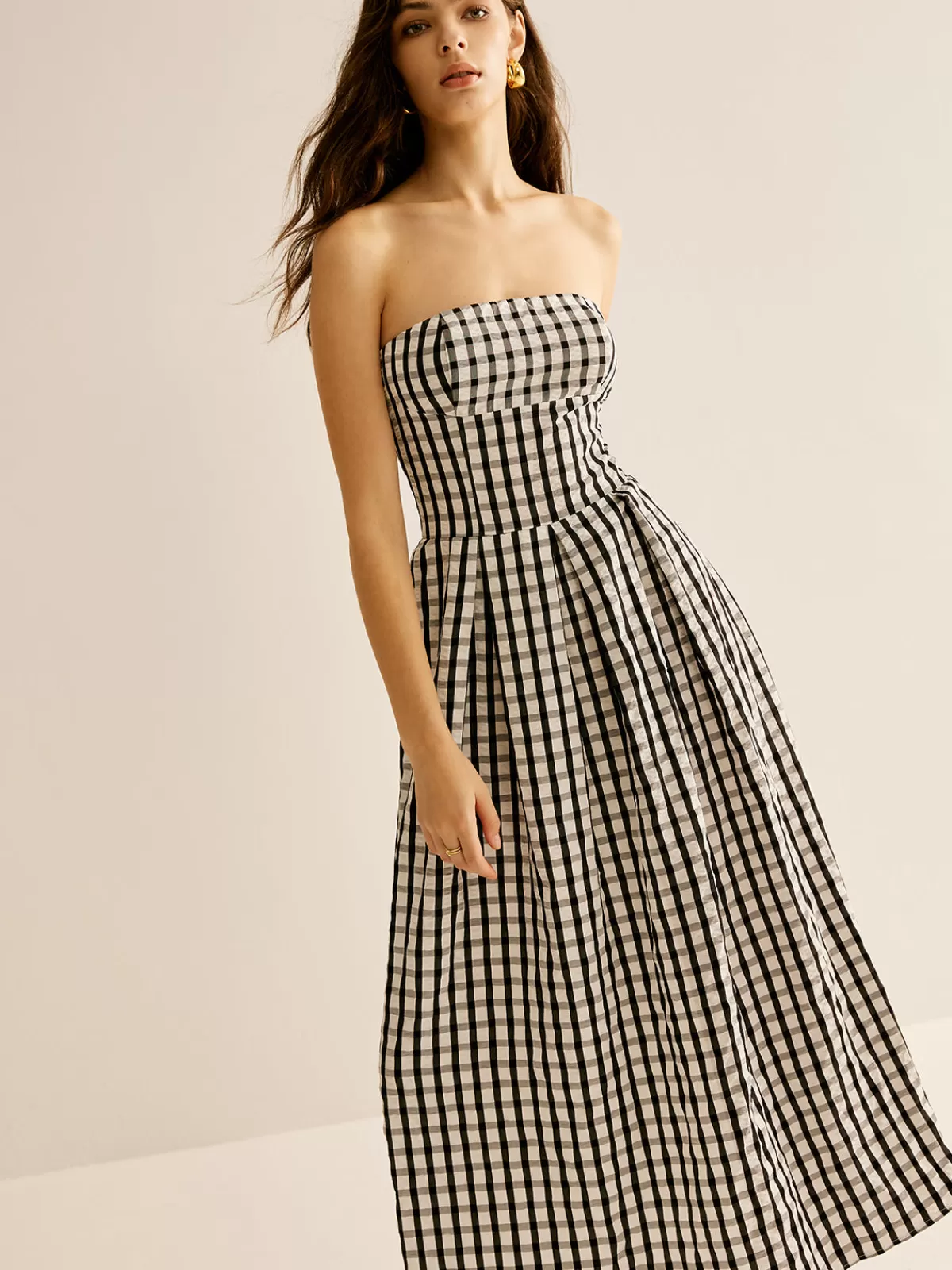 COMMENSE Plaid Tube Long Dress BlackandWhite New