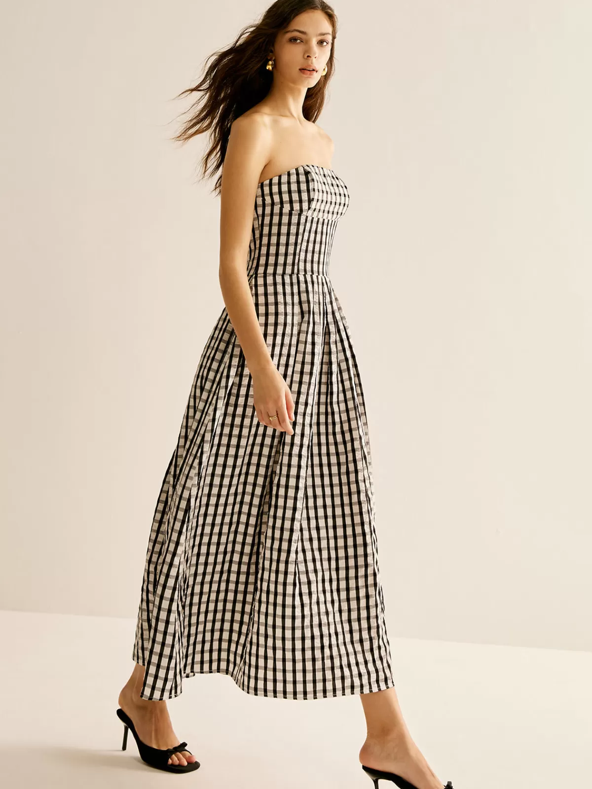 COMMENSE Plaid Tube Long Dress BlackandWhite New