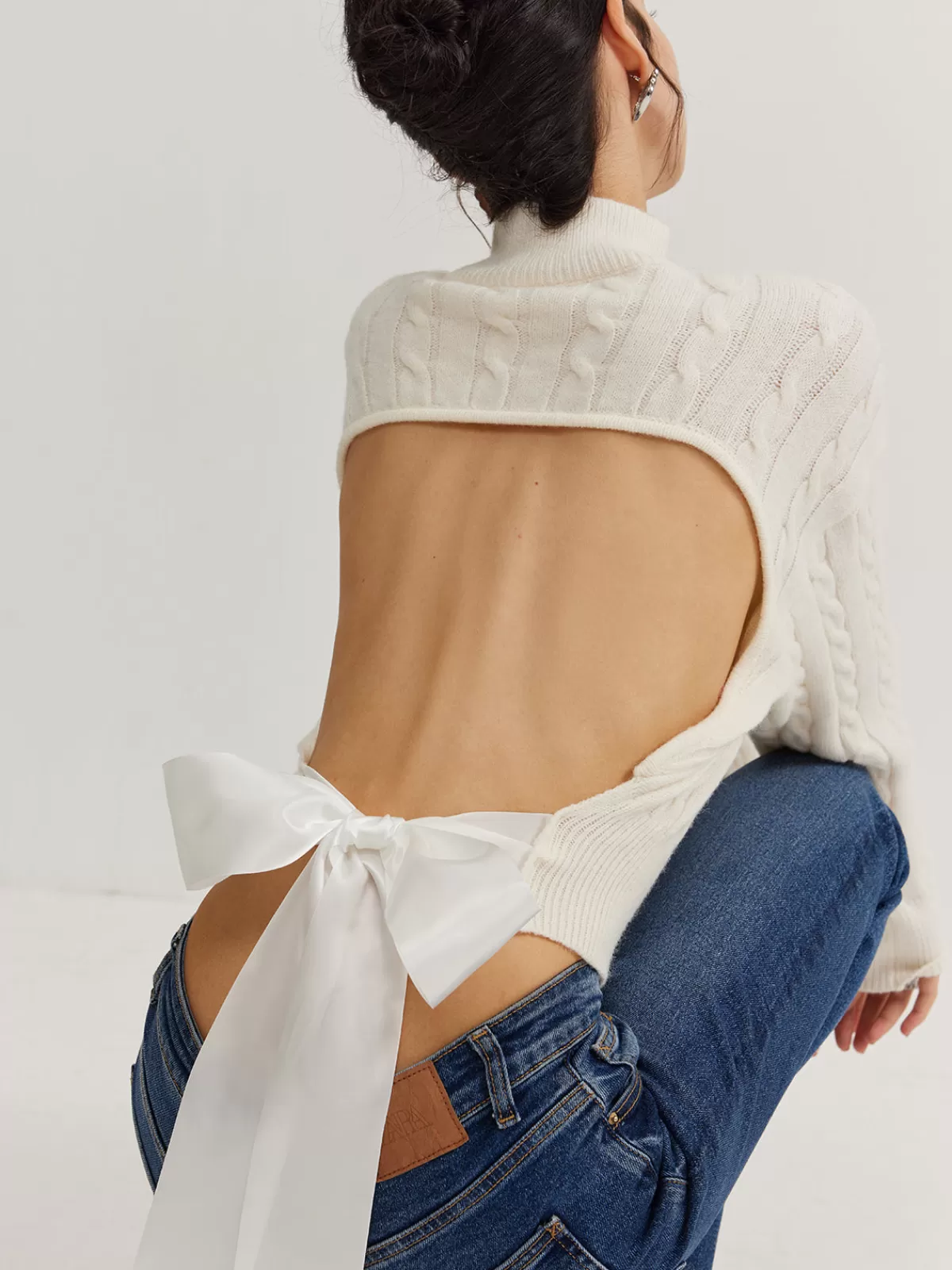 COMMENSE Plain Backless Bow Knit Top White New