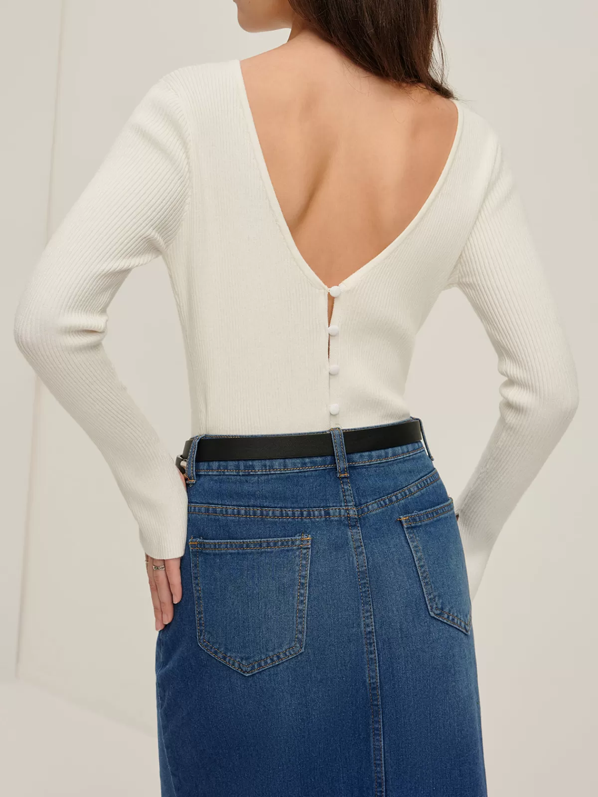 COMMENSE Plain Backless Button Sweater White Sale