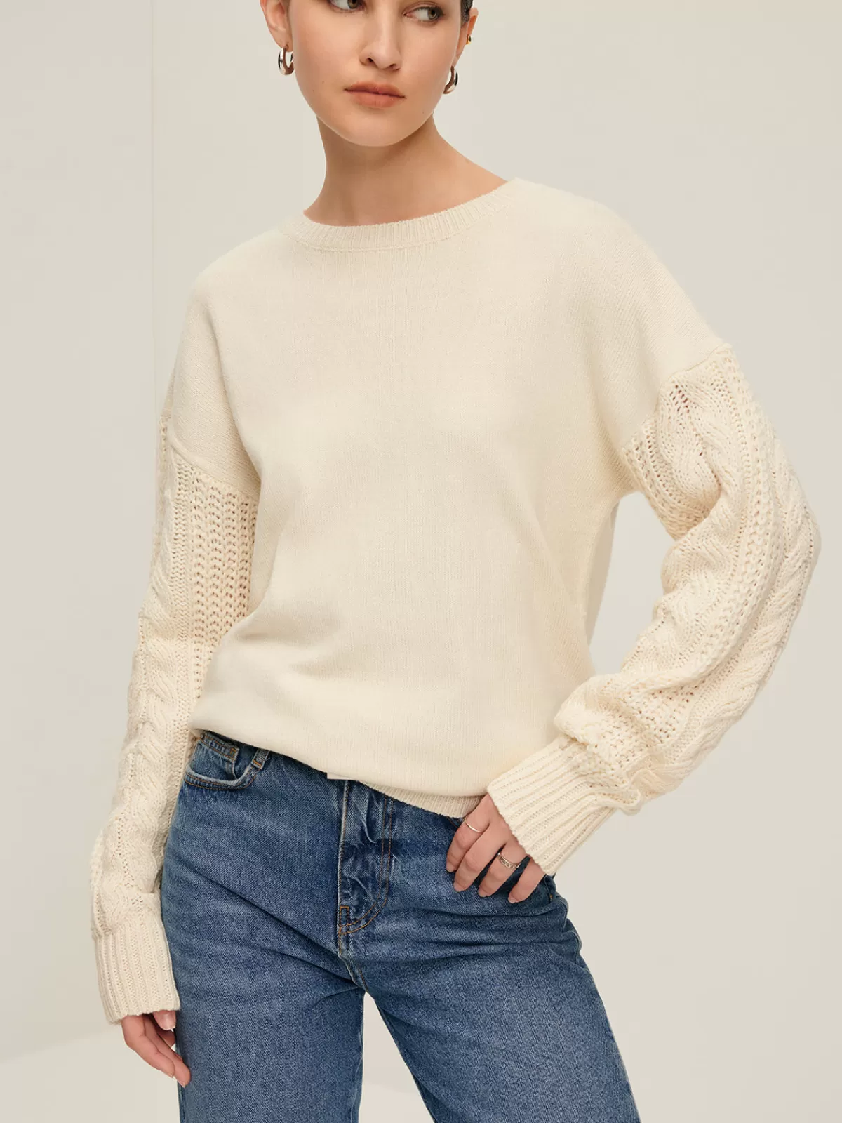 COMMENSE Plain Cable Sleeve Pullover Sweater Off-White Shop