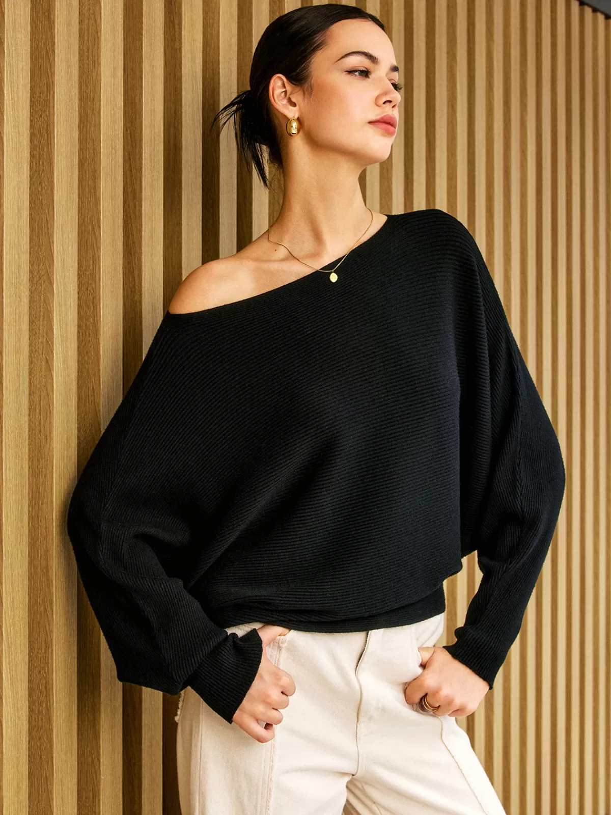 COMMENSE Plain Cold Shoulder Loose Sweater Black New