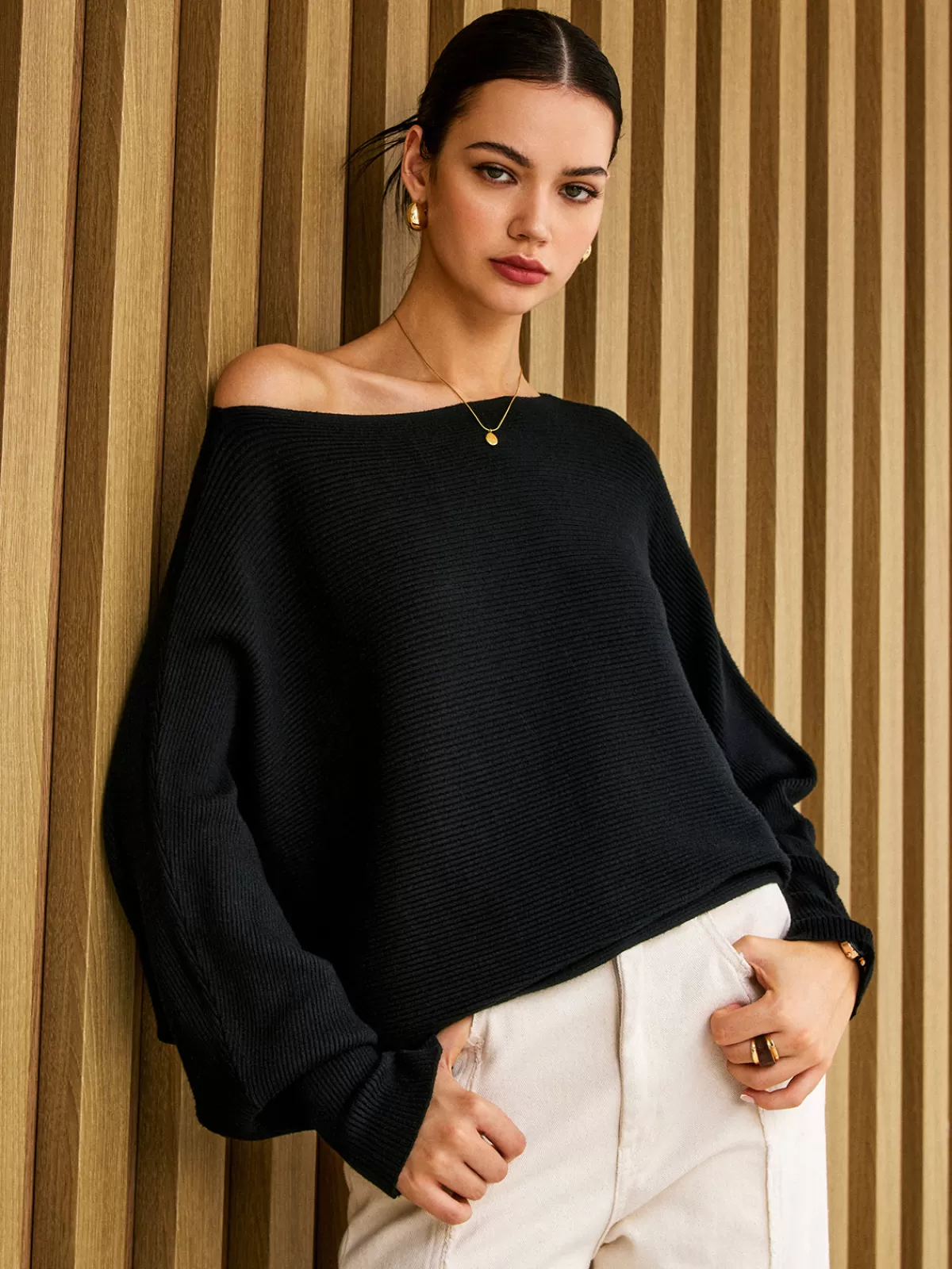 COMMENSE Plain Cold Shoulder Loose Sweater Black New