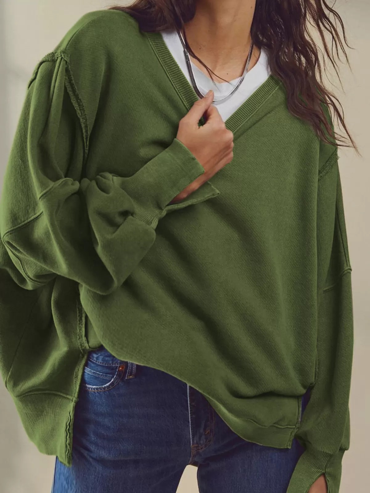 COMMENSE Plain Cotton Split Sweatshirt Green Hot