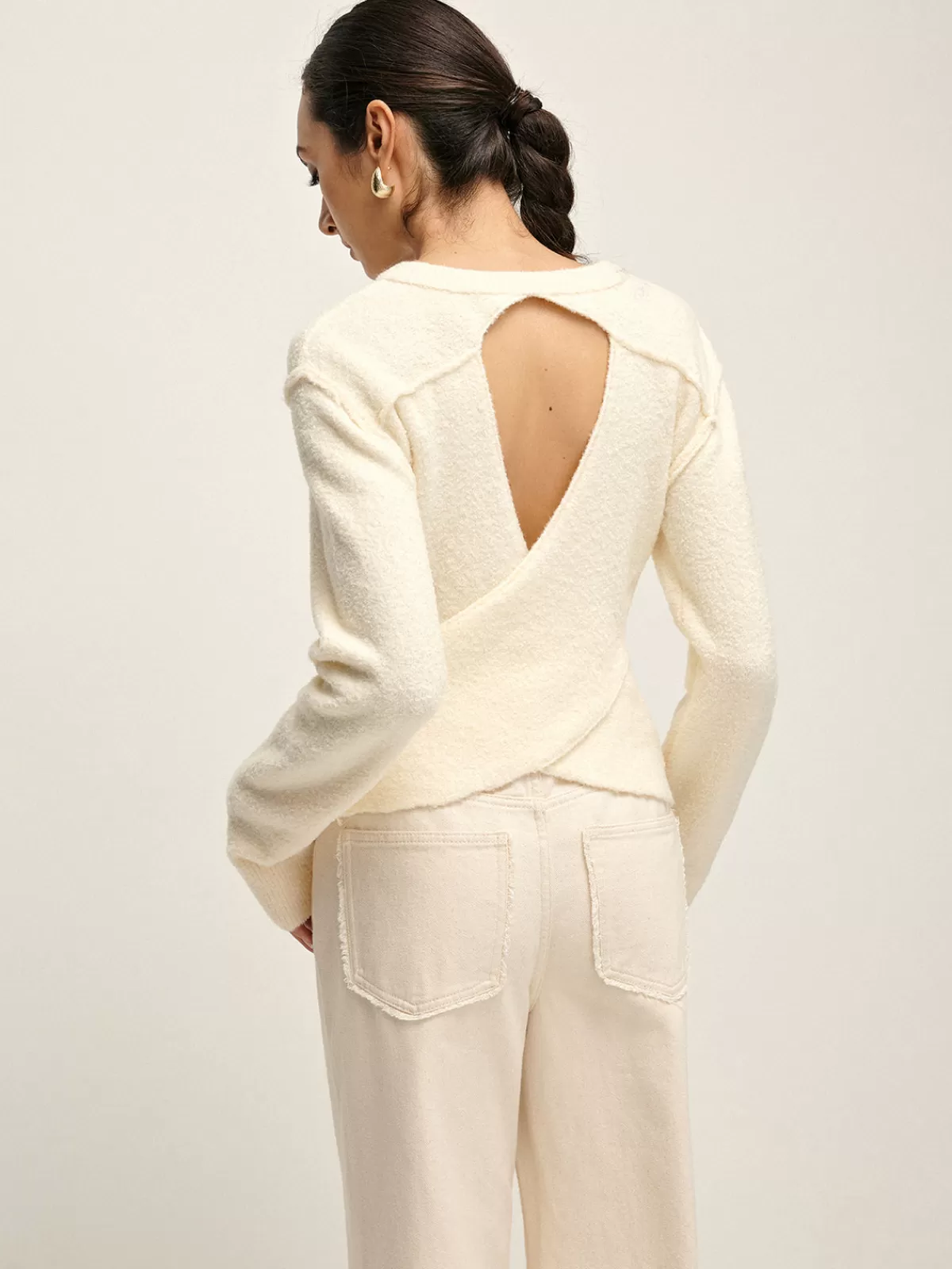 COMMENSE Plain Cutout Cozy Knit Top Off-White Outlet